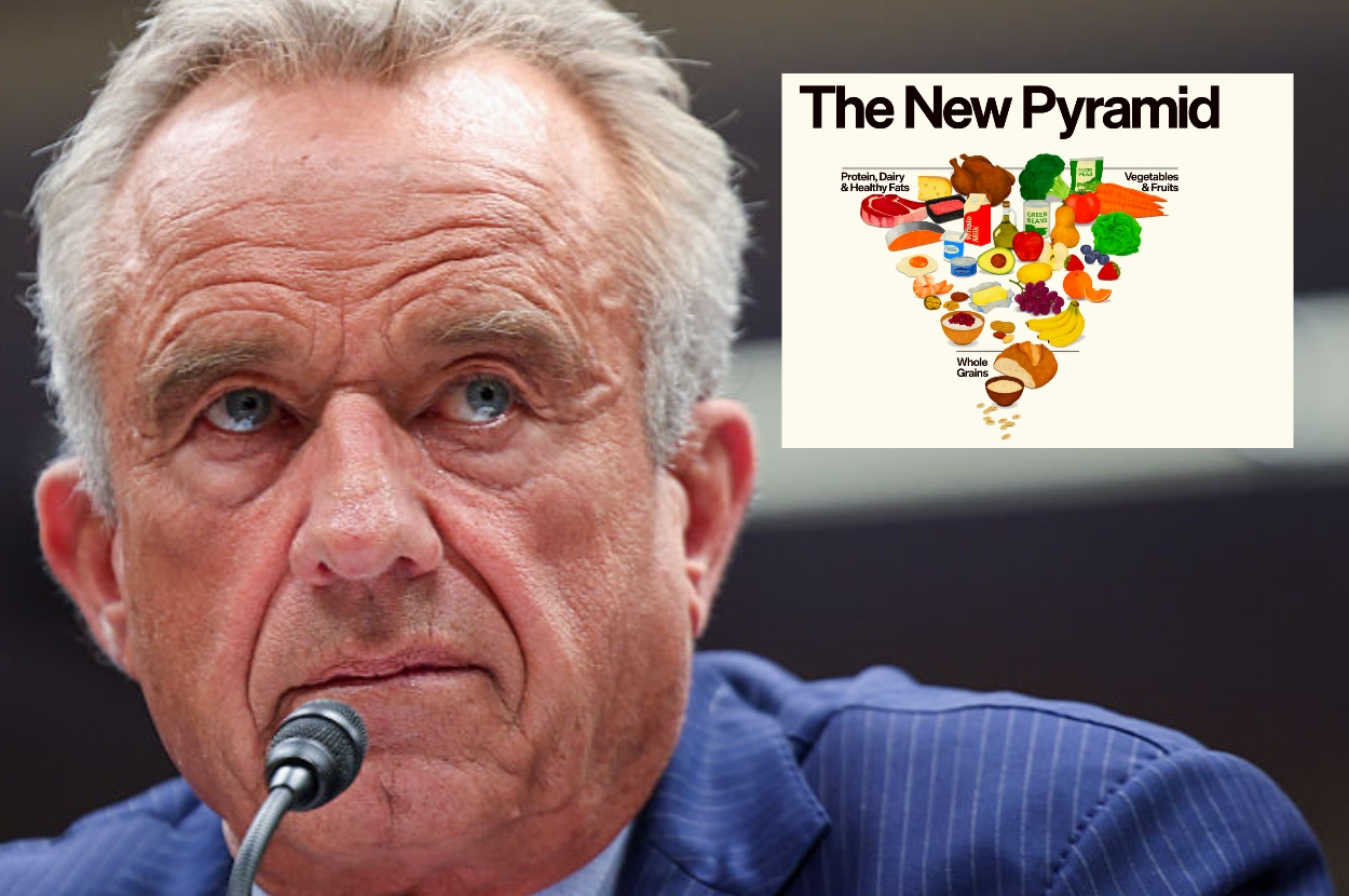 A person speaking at an event; an inset image shows a new food pyramid with meats and dairy on top, grains and sugars at the bottom