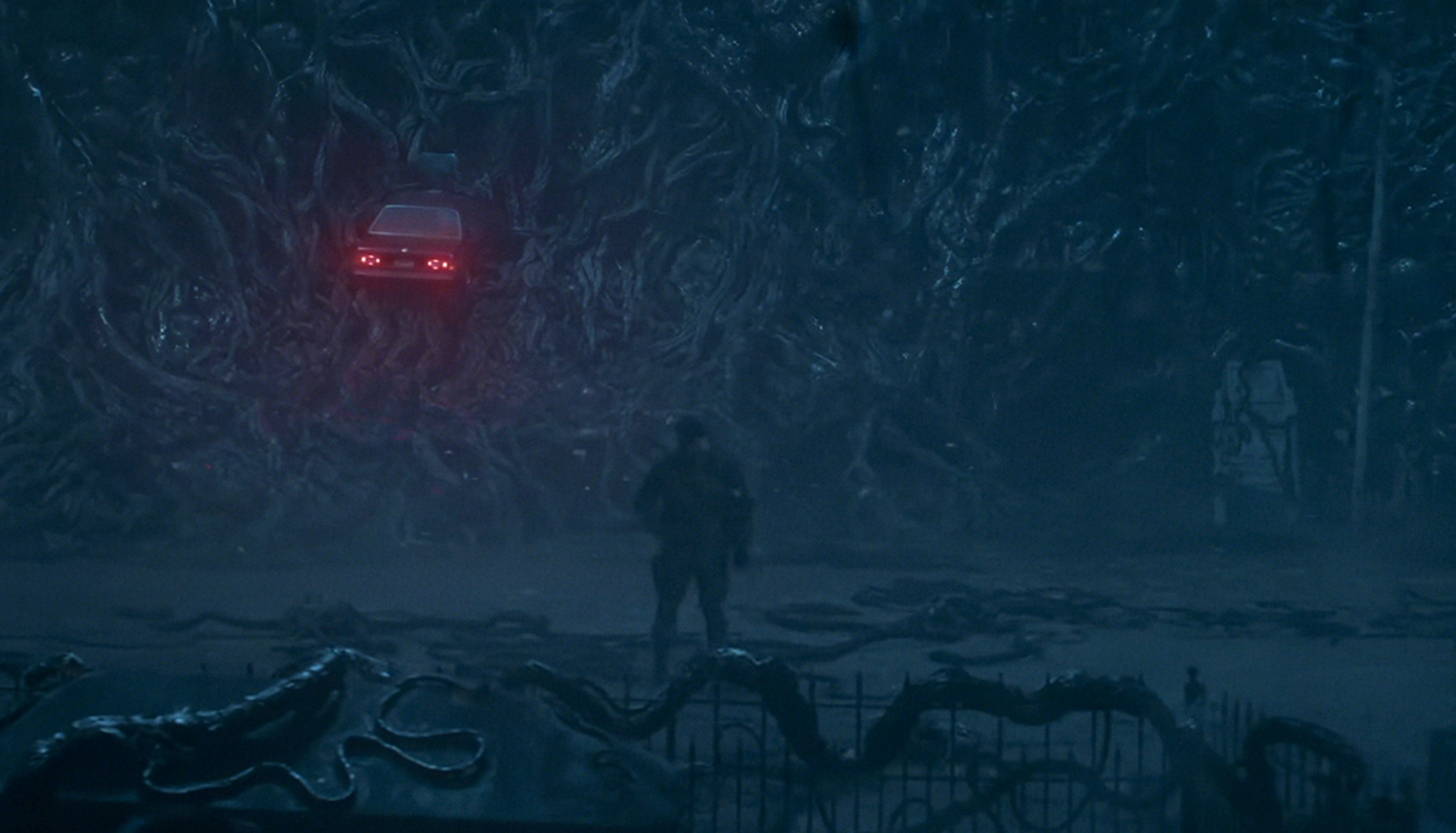 A person stands facing a twisted, eerie landscape with dense vines and a car entangled above them, creating a mysterious, otherworldly scene