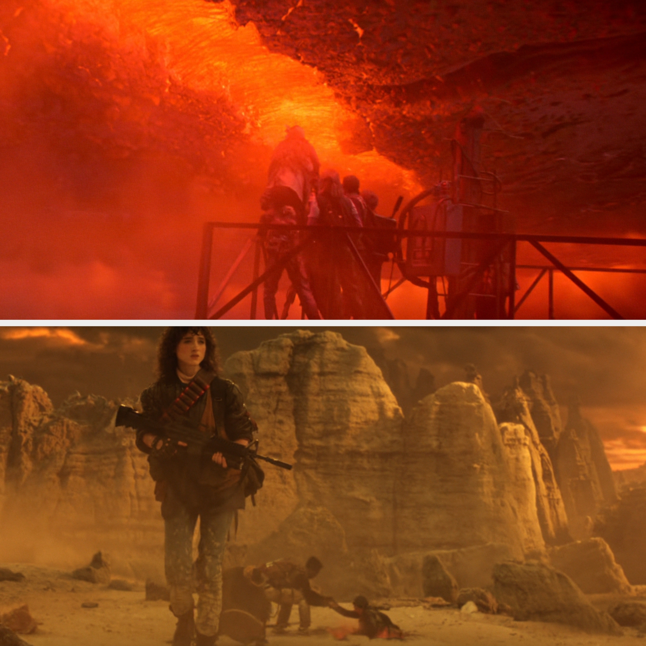  Top, people in a fiery cave. Bottom, a woman with a rifle walks through a dusty canyon where others are crouched