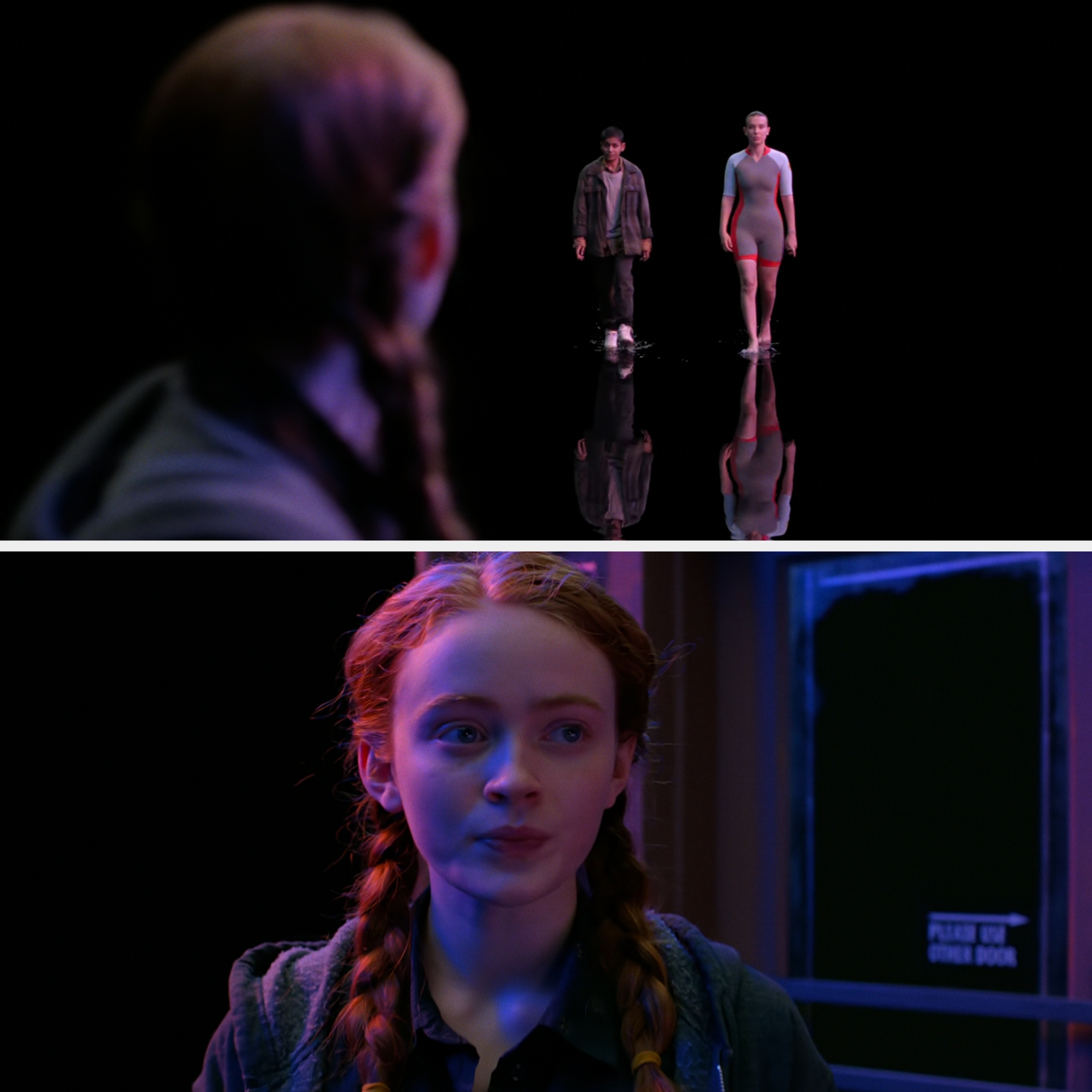 A person with braided hair looks at two people walking towards them on a dark, reflective surface. The scene appears intense and dramatic