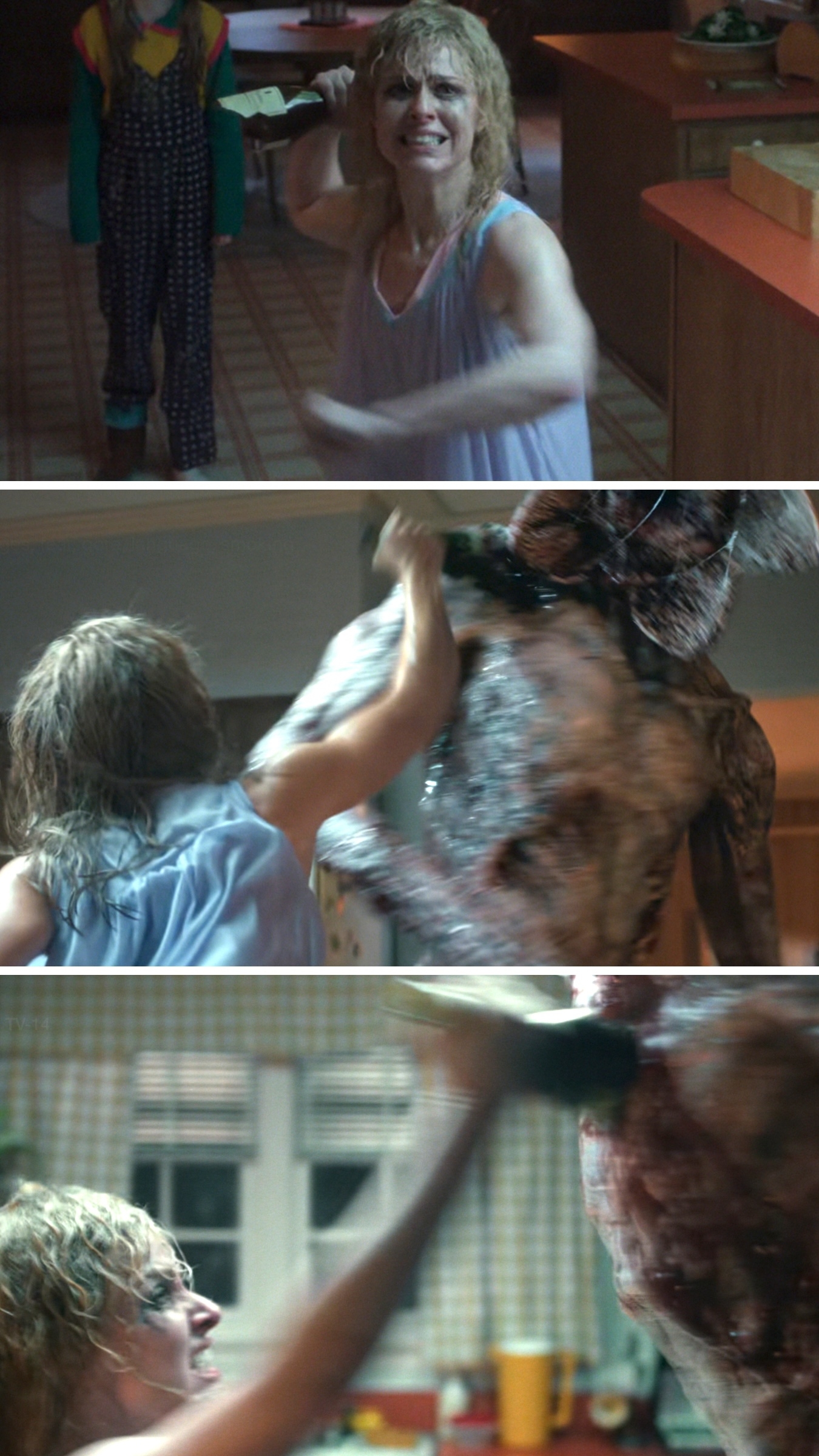 Woman in kitchen fiercely battles a monstrous creature at night, showing determination and fearlessness