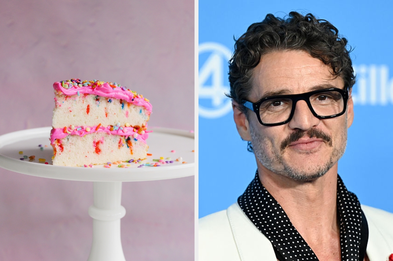 A slice of confetti cake on a stand; person in polka-dot shirt and jacket at an event