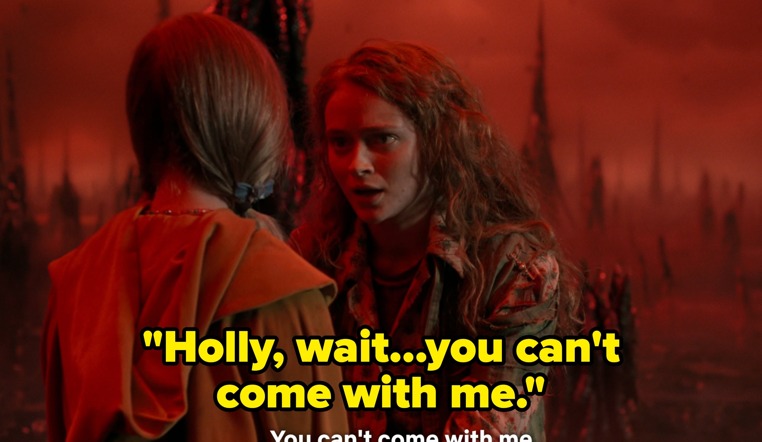 Two young people face each other in a dramatic, foggy landscape. One says, "You can't come with me."