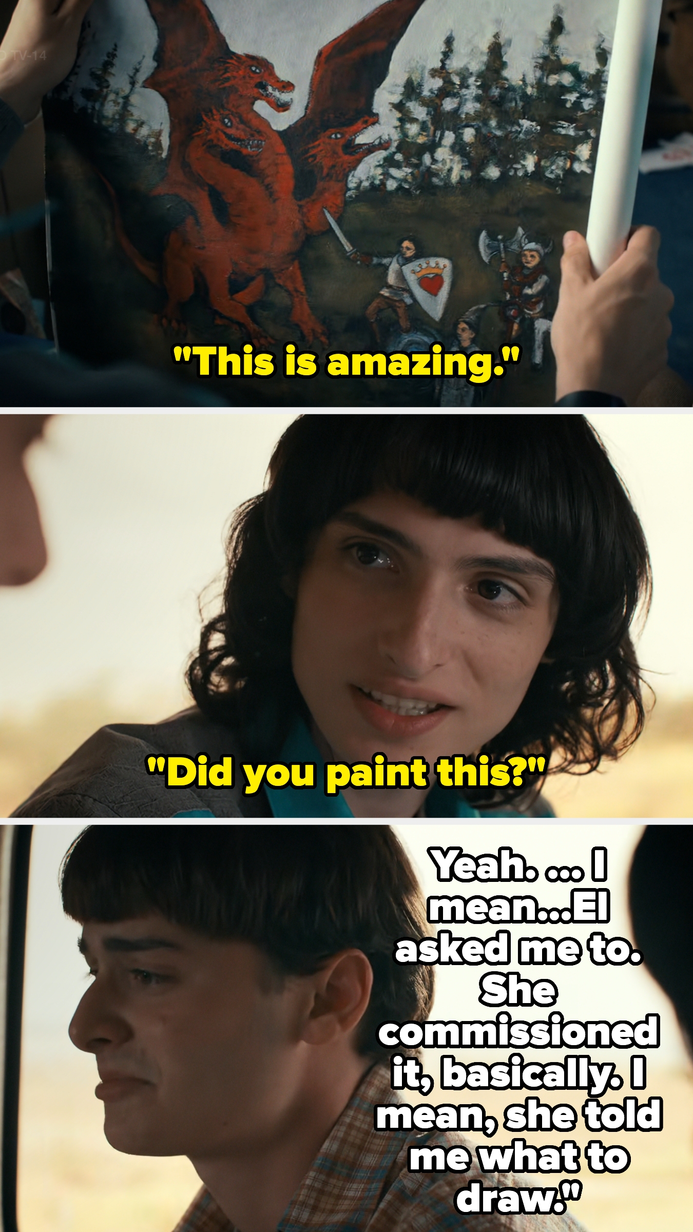 A person shows a painting of a red creature to another, who asks if they painted it. The first person explains it was commissioned by "El."