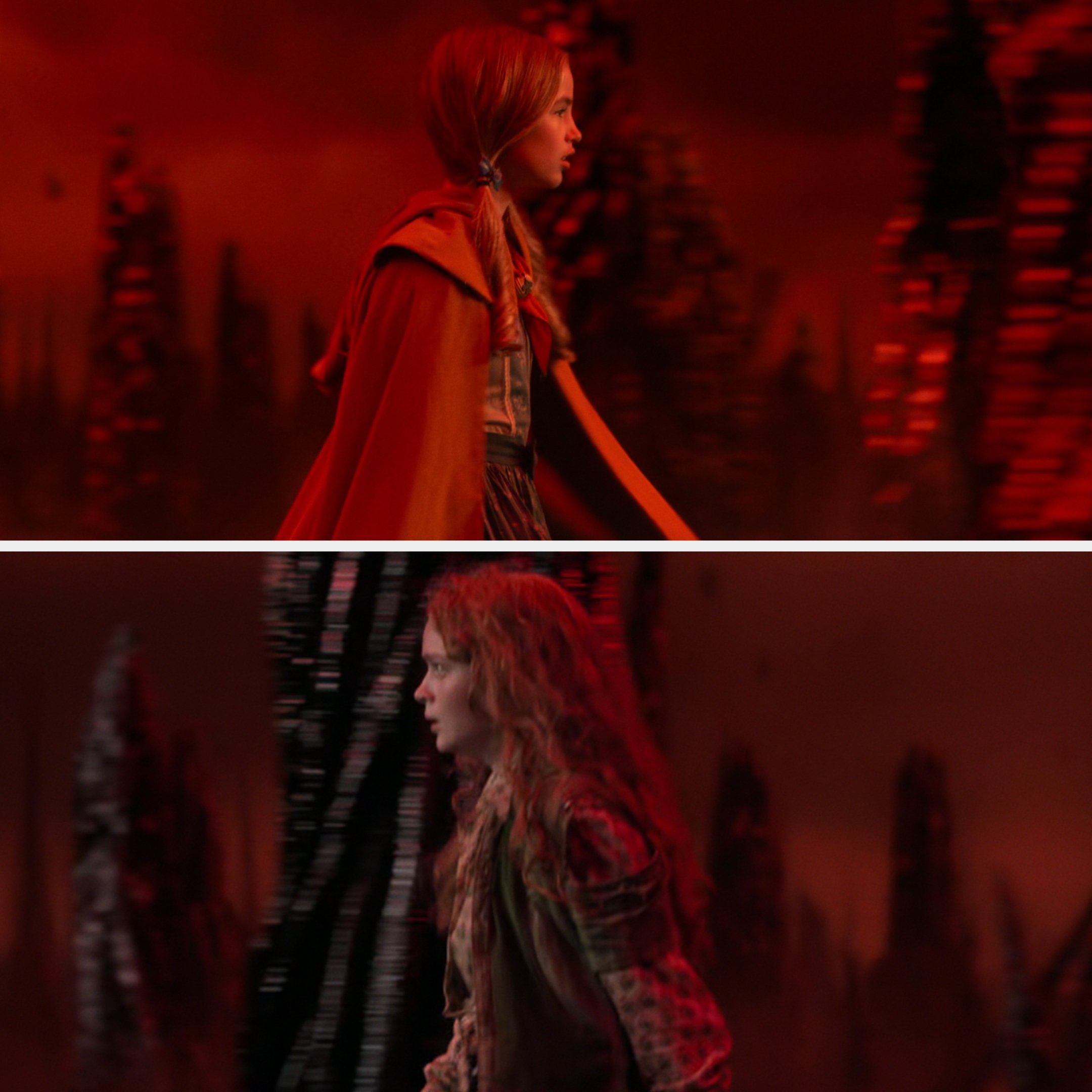 A young woman in a cloak walks through a dark, forest-like setting, appearing focused and determined