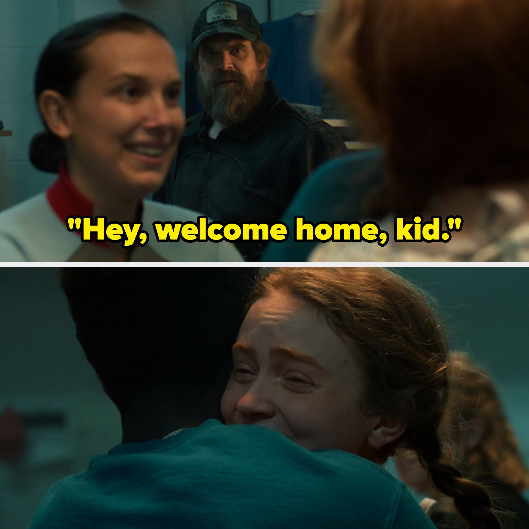  A person smiles with the caption "Hey, welcome home, kid;" another person hugs someone tightly, looking emotional