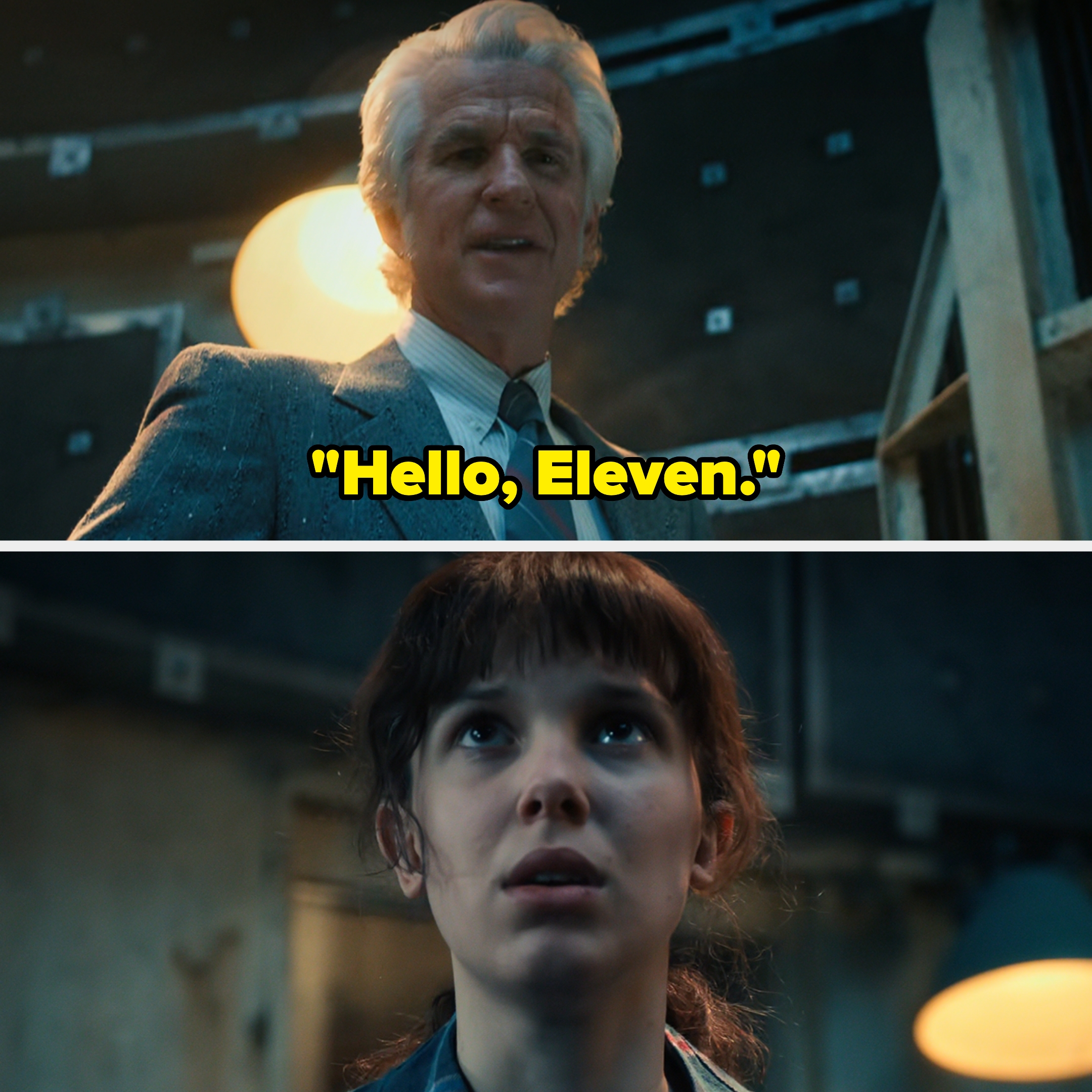 A man greets a young girl named Eleven in a dramatic scene from a show
