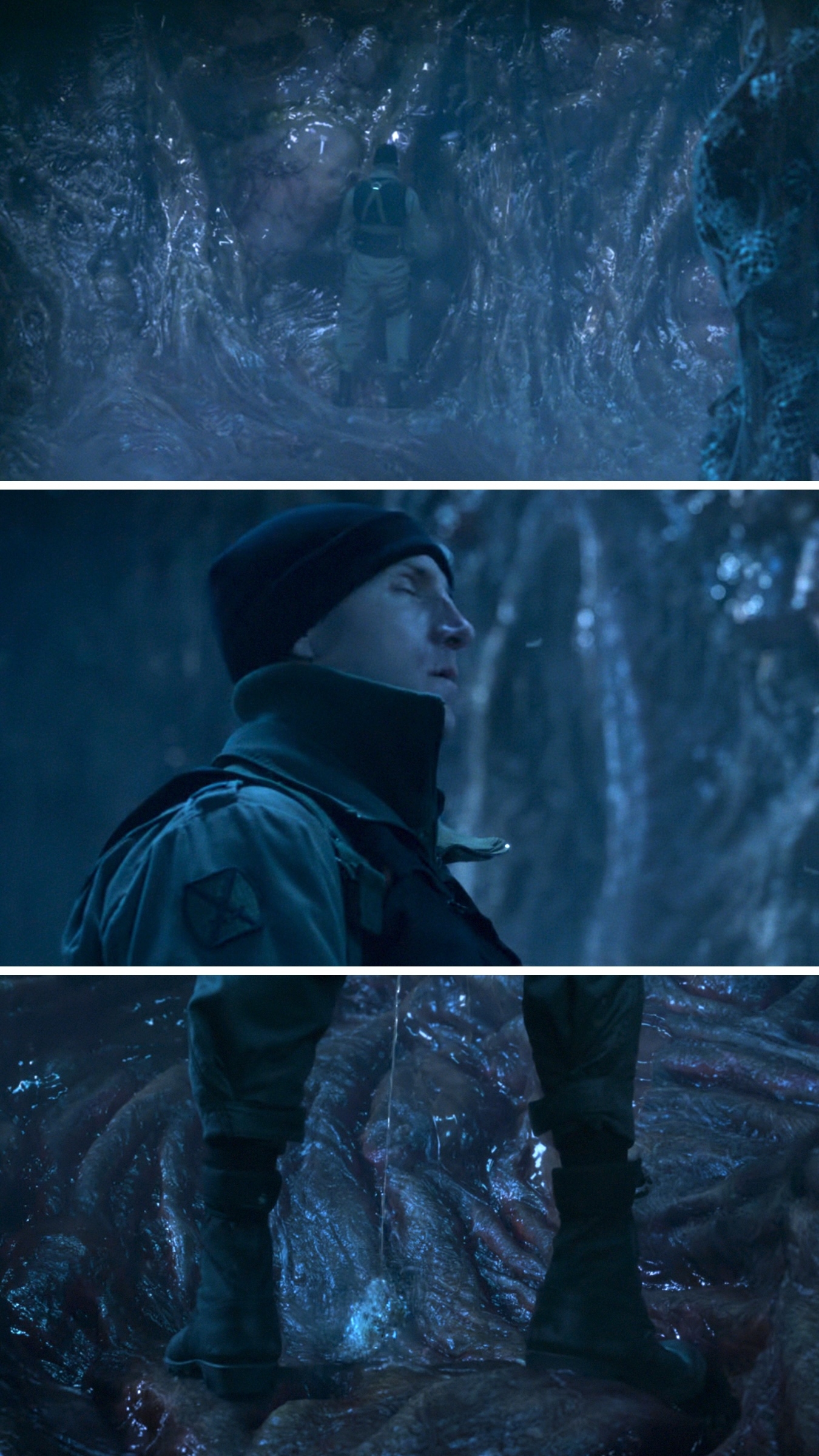 Three scenes show a person in outdoor gear exploring a dark, organic-looking cave with a mysterious, eerie atmosphere