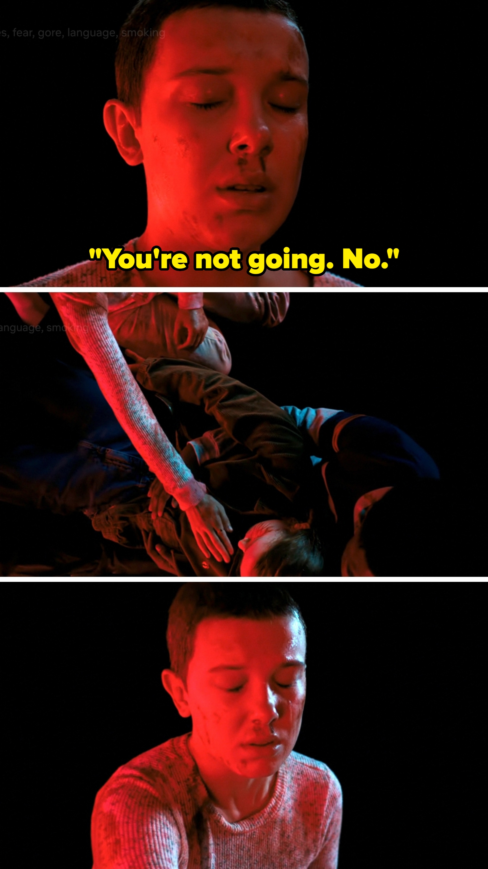 Three scenes show a person in distress with a serious expression, wearing a casual knit top, lit dramatically against a dark background