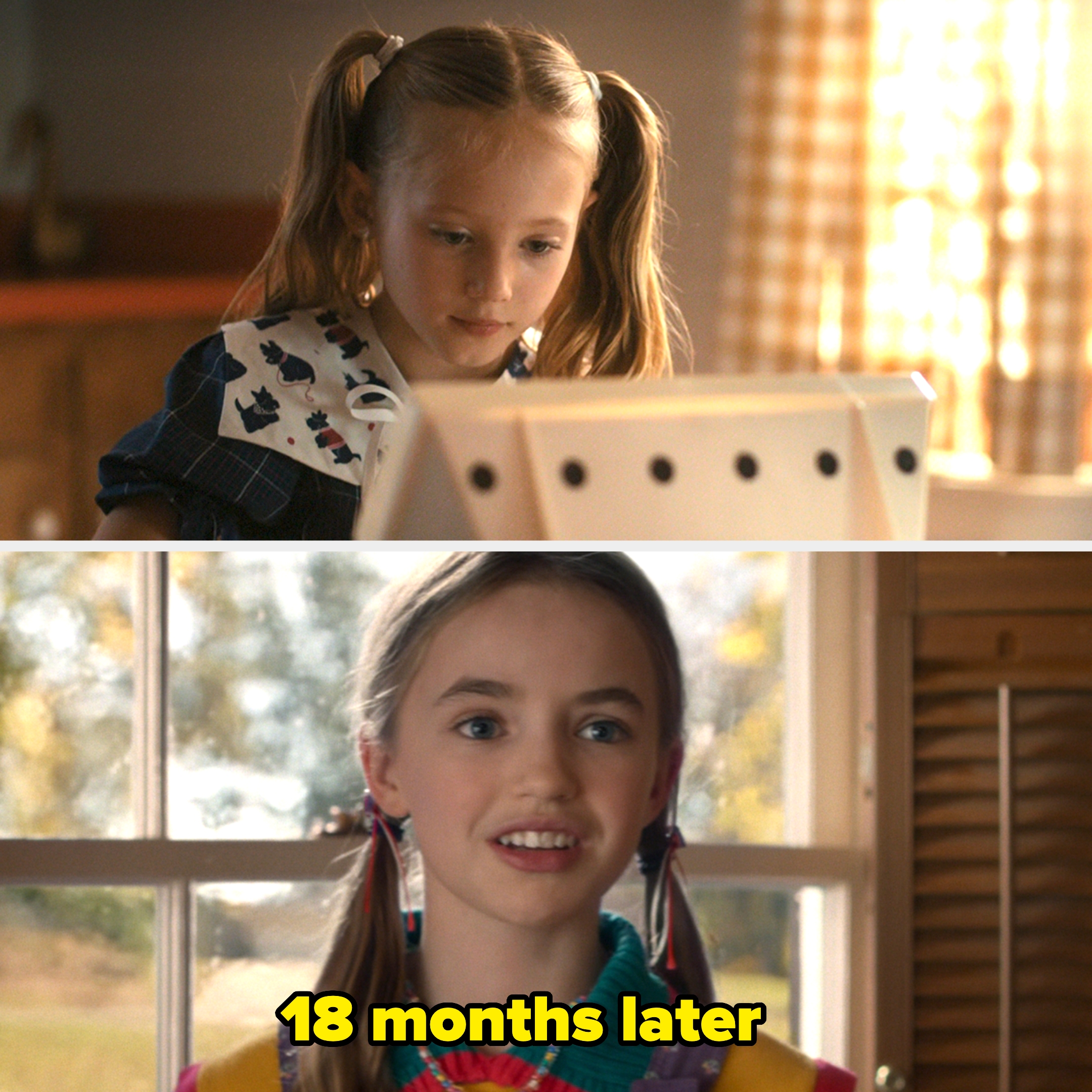 A young girl plays at a computer; 18 months later, she smiles, showing growth and change