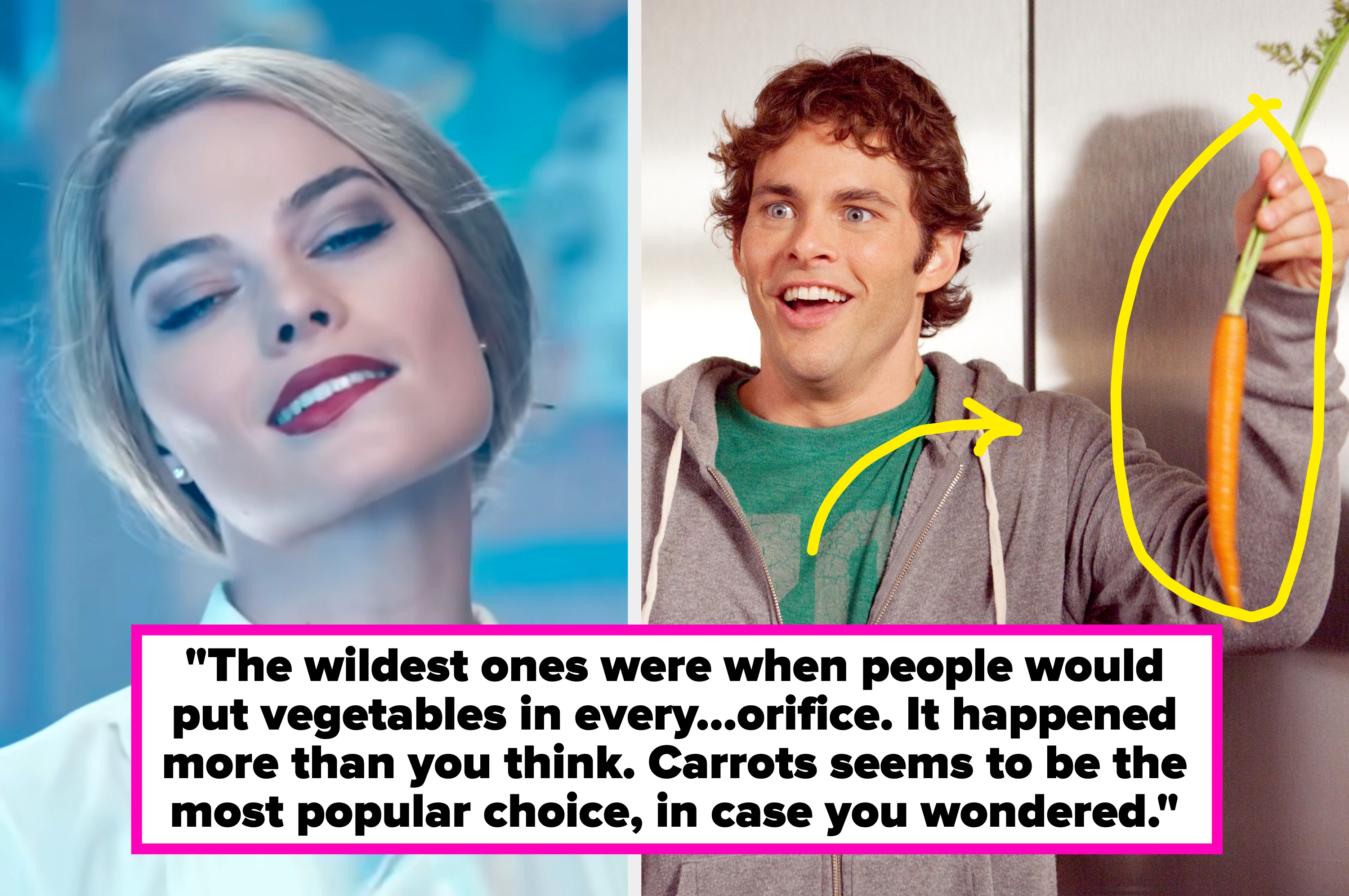 Split image with a woman smiling on the left and a man holding a carrot on the right. Text humorously discusses using vegetables in unusual ways