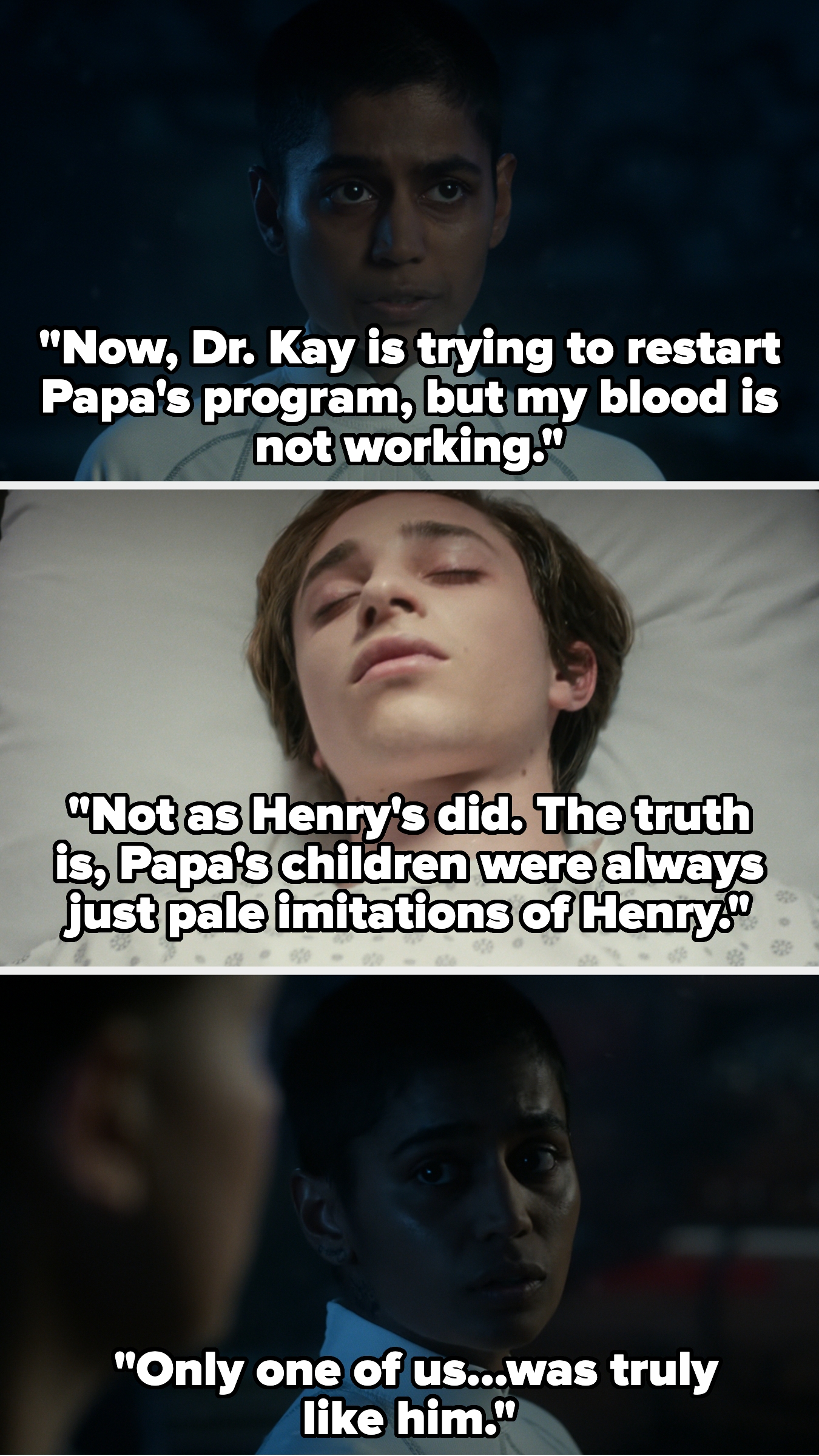 Three images with quotes show two characters discussing a program linked to "Papa." They reveal most were imitations of "Henry," hinting at uniqueness