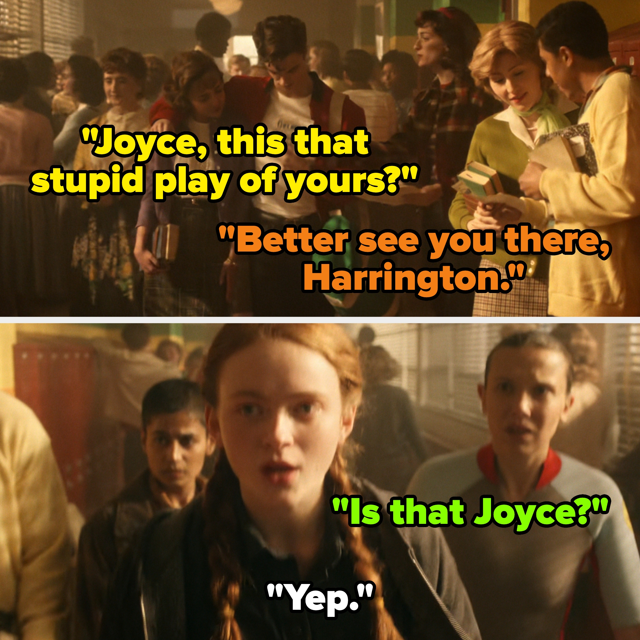  [Top] Characters discuss a play. [Bottom] Group including a young girl reacts, confirming identity of "Joyce."