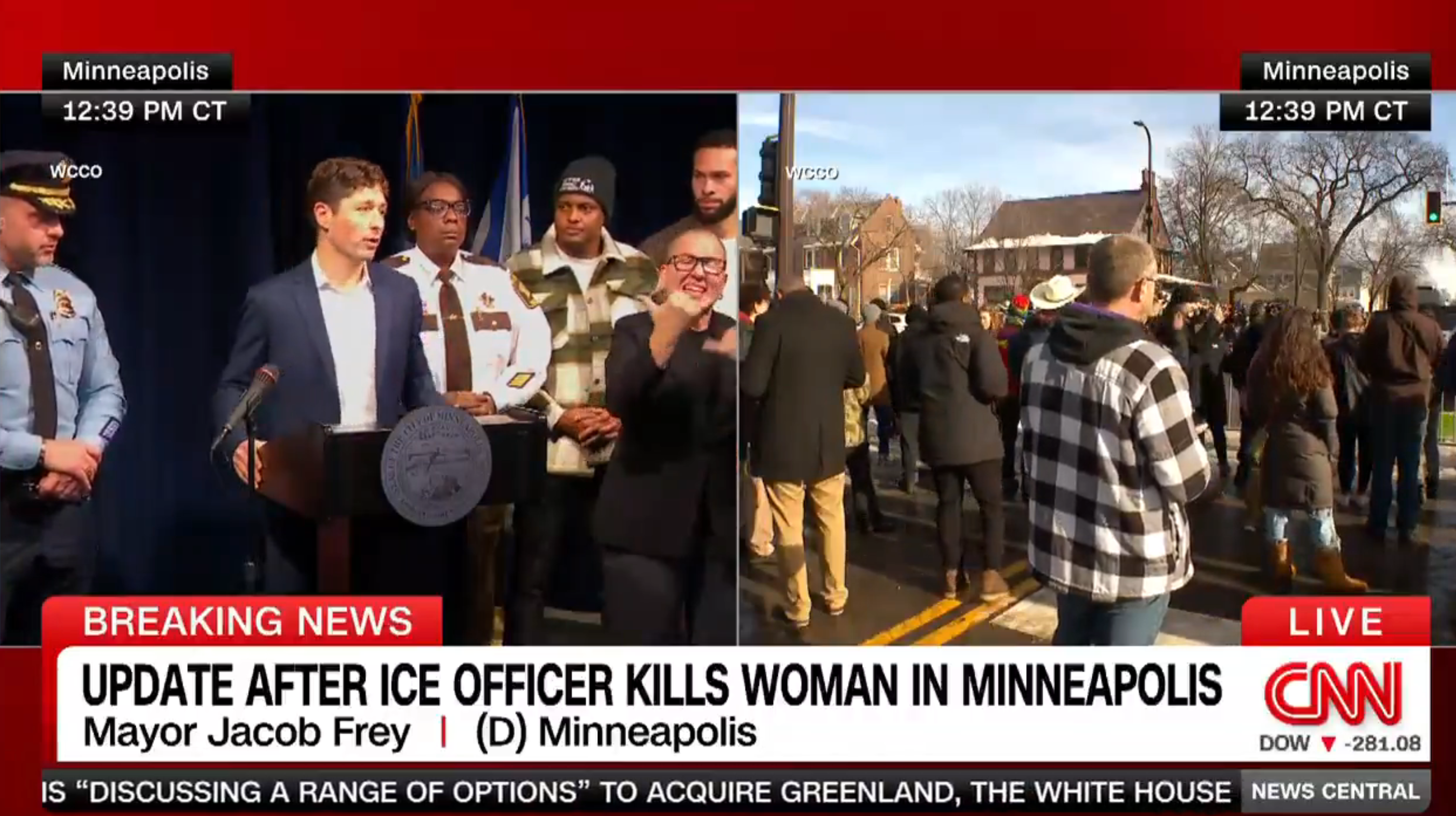 Delt skjerm: Venstre viser en pressekonferanse i Minneapolis med ordfører Jacob Frey, høyre viser en gateprotest etter en ICE-relatert hendelse