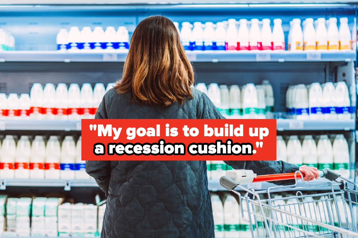Person shopping for groceries, pushing a cart, with a highlighted quote about building a recession cushion