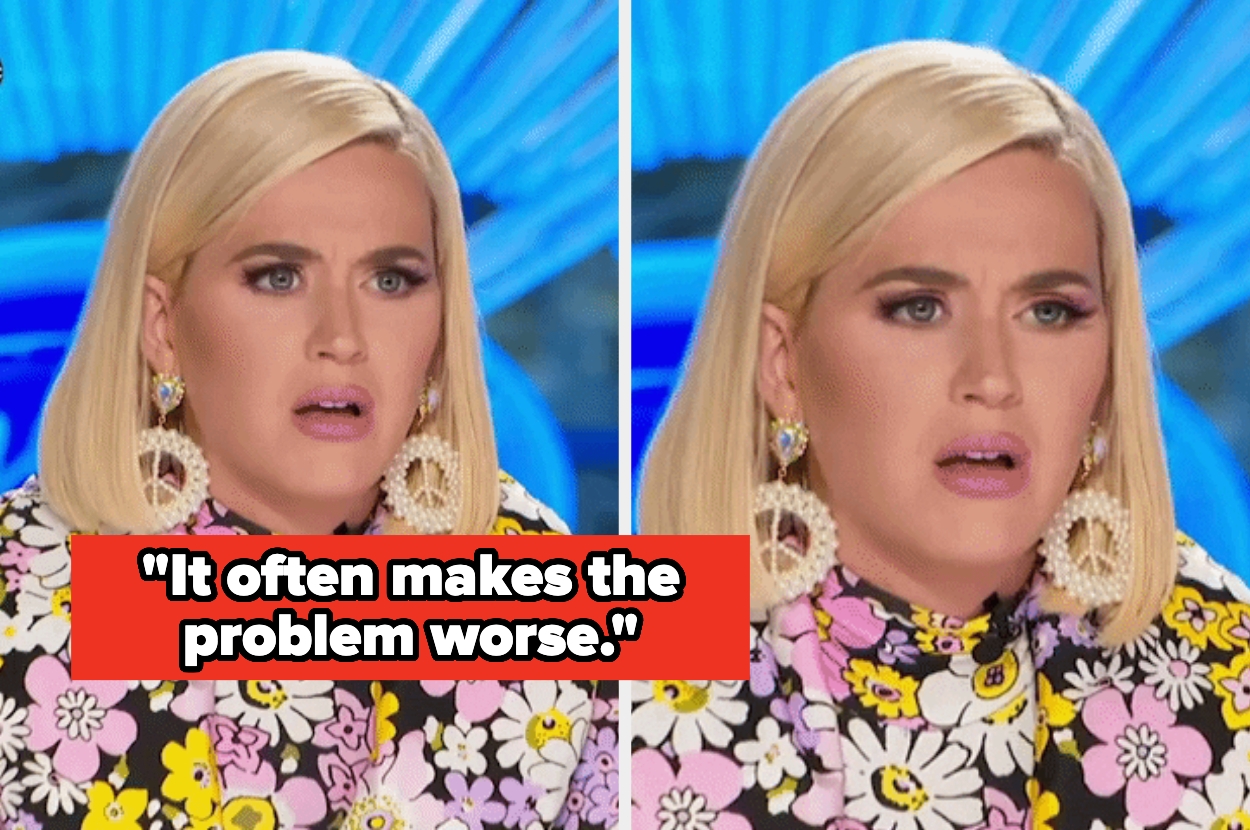 Person with a surprised facial expression is wearing a floral outfit with large earrings. Text overlay reads: "It often makes the problem worse."