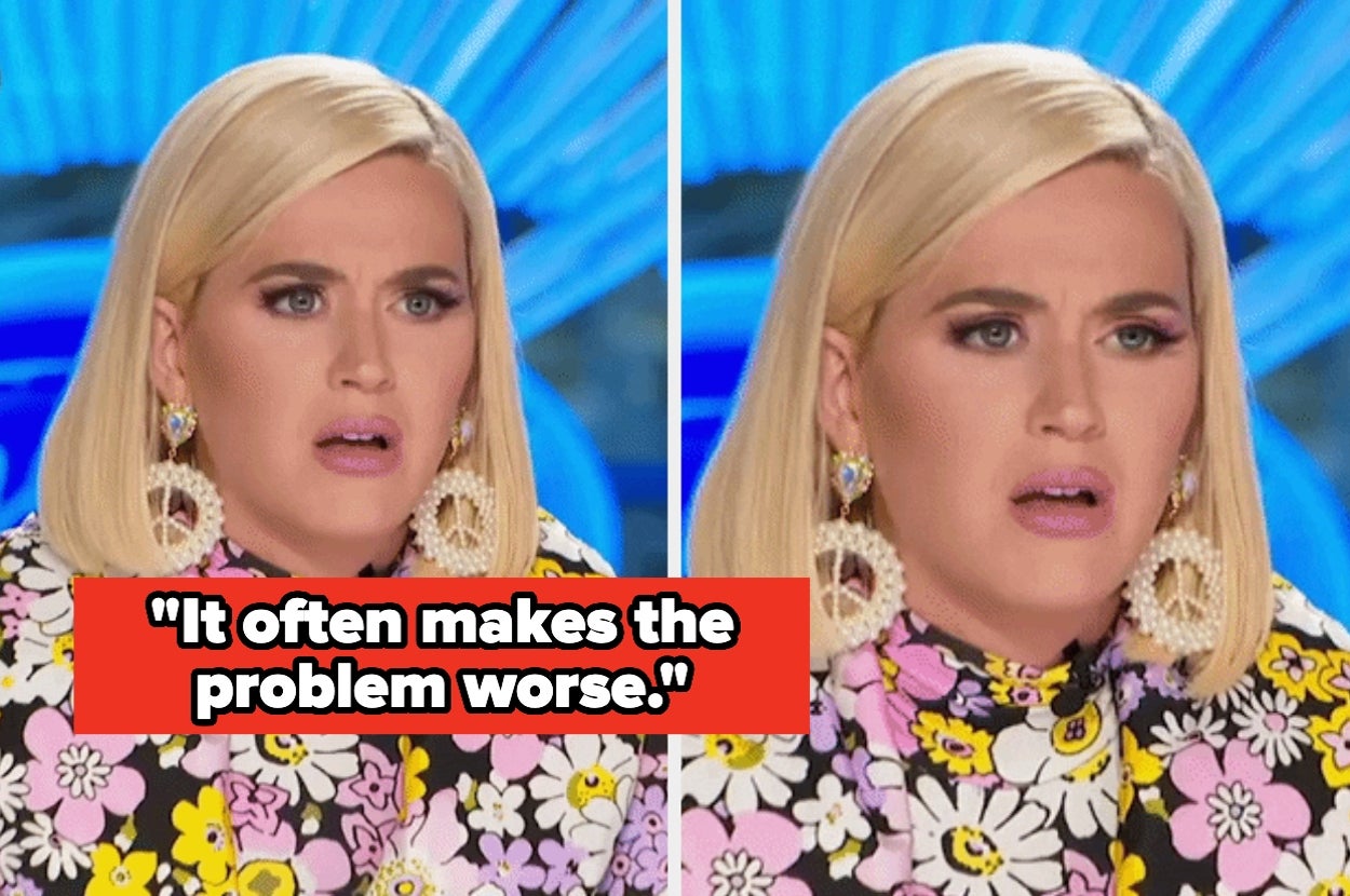 Person with a surprised facial expression is wearing a floral outfit with large earrings. Text overlay reads: "It often makes the problem worse."