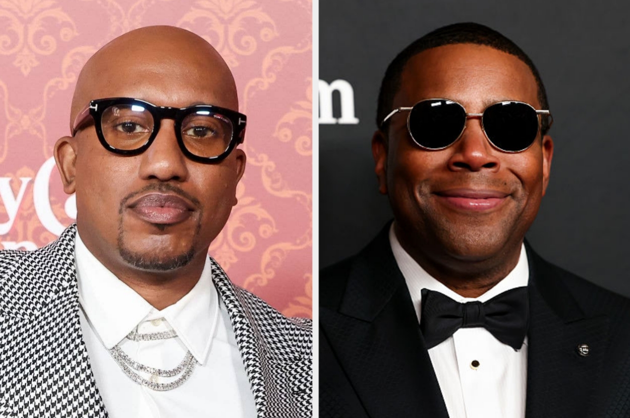 Two individuals in formal wear: one in houndstooth with glasses and chain necklace, the other in a tuxedo with sunglasses, both on a red carpet