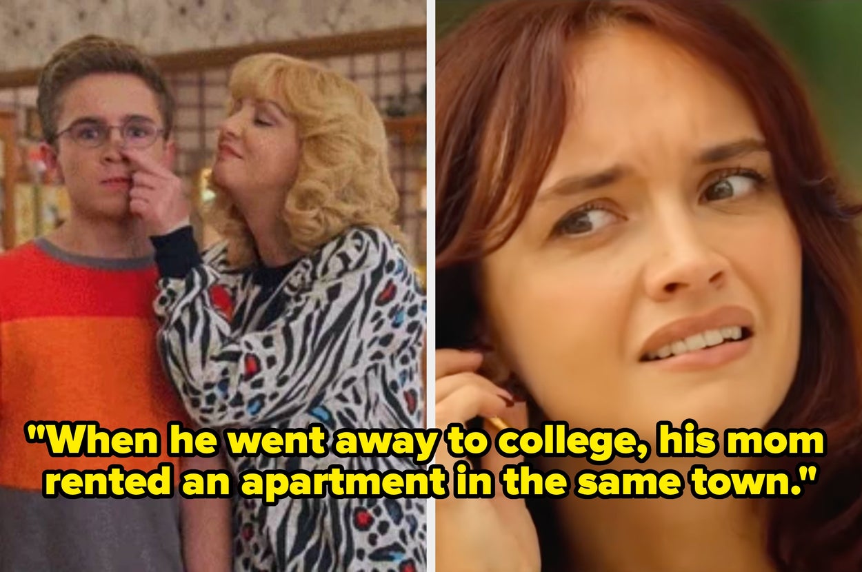 On the left, a playful mom pinches her son's nose. On the right, a woman grimaces. The caption mentions a mom arranging college housing