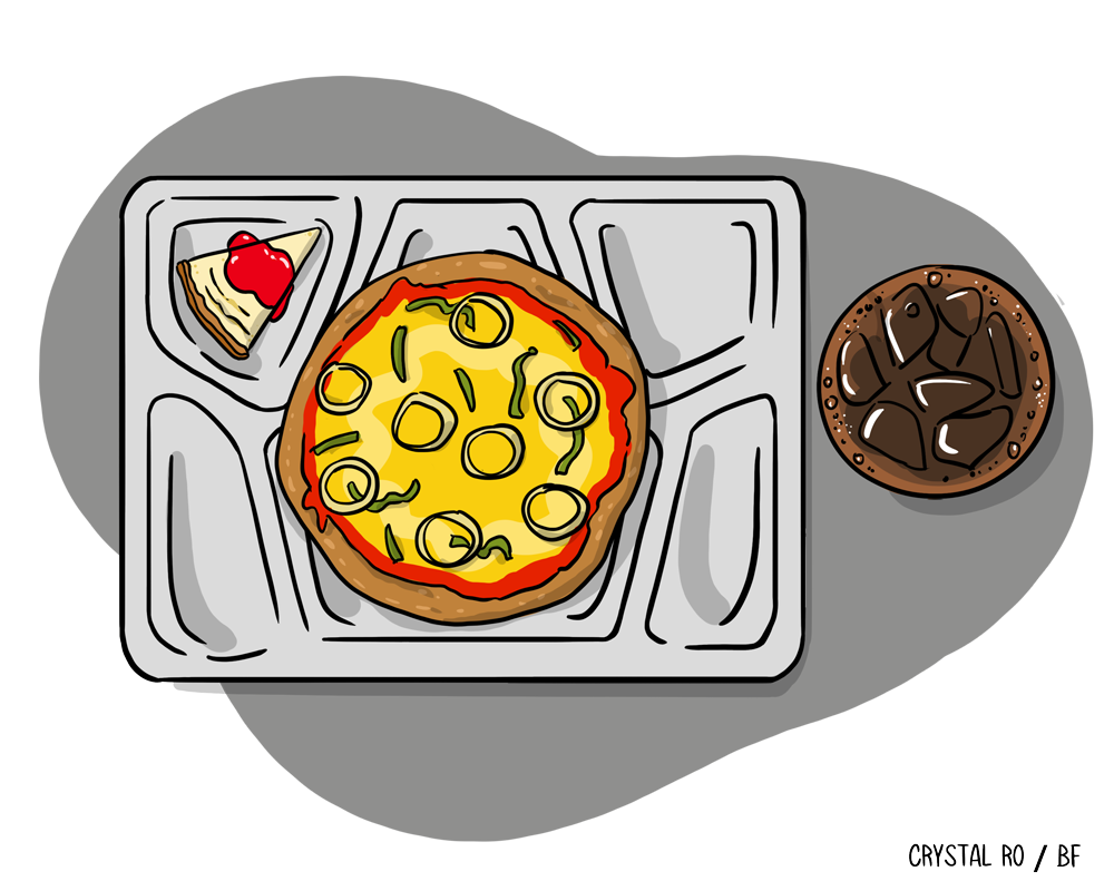Cafeteria tray with pizza featuring onion slices, a piece of cake with a cherry, and a glass of iced soda