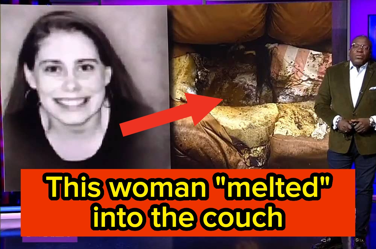 News segment with a headline stating a woman "melted" into a couch, alongside an image of a woman's portrait and a worn couch