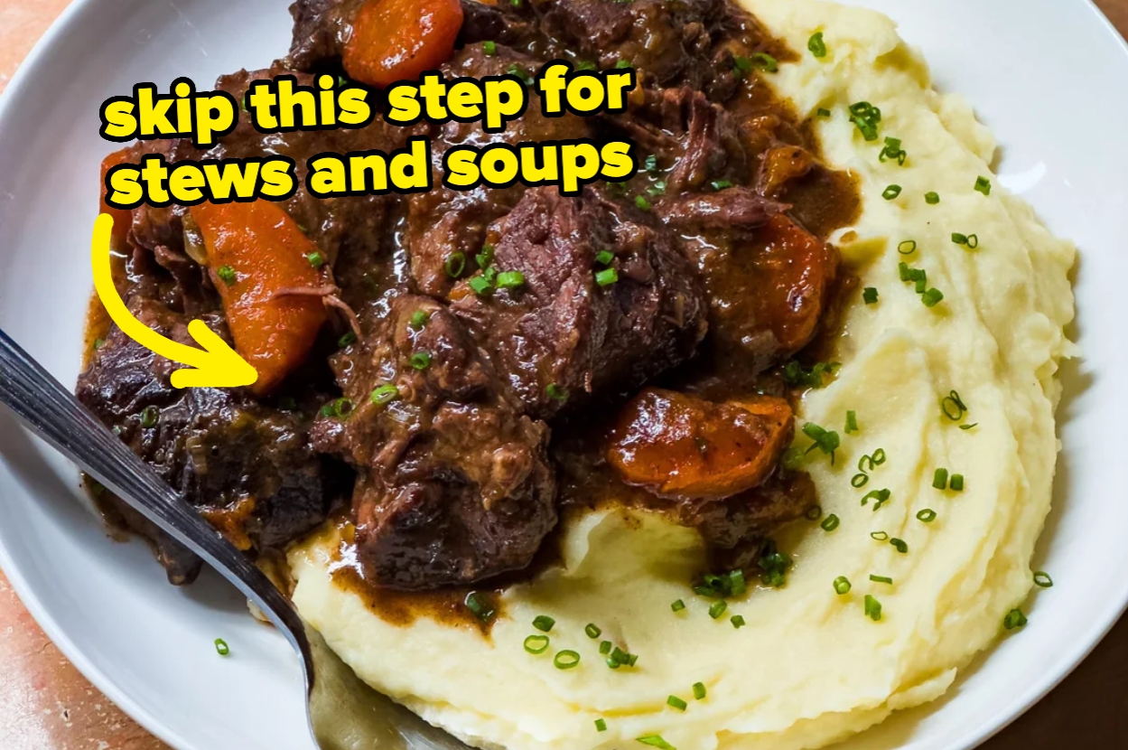 Close-up of mashed potatoes topped with beef stew and carrots, garnished with chives. Yellow text reads, "skip this step for stews and soups."