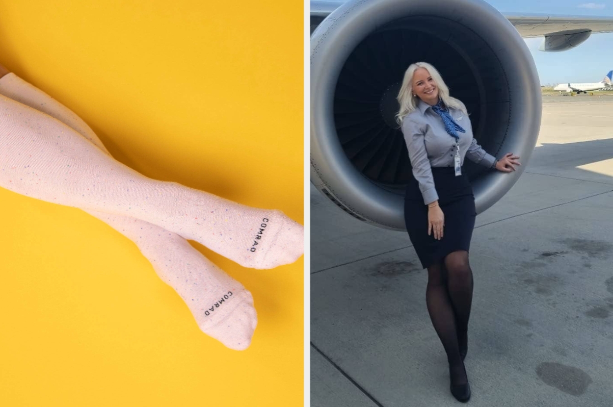 Left: White socks with "Conrad" branding. Right: Person in business attire stands smiling by an airplane engine