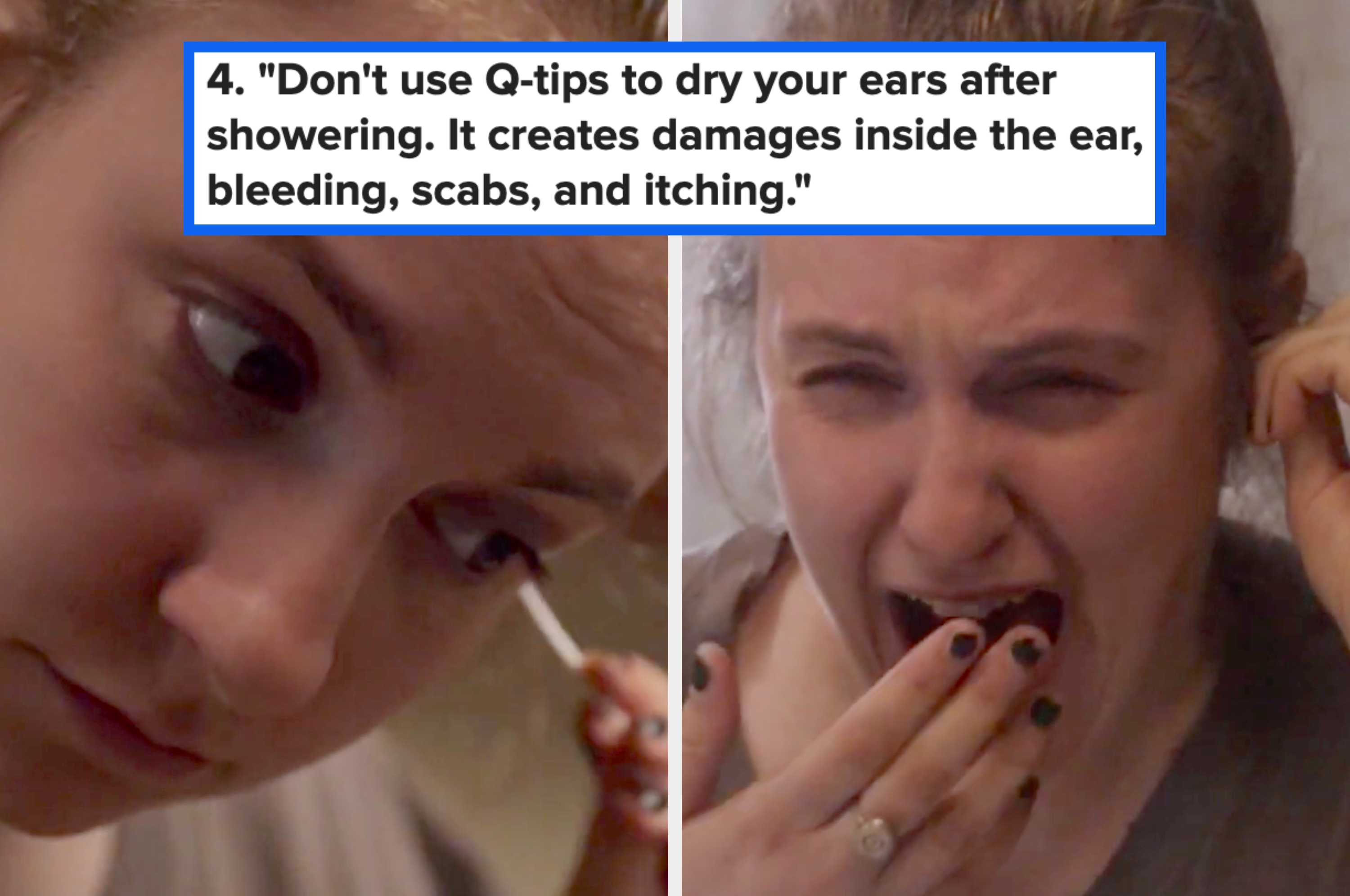 A person applies makeup in one image and reacts with surprise or discomfort in the other, possibly hinting at an unexpected situation or challenge