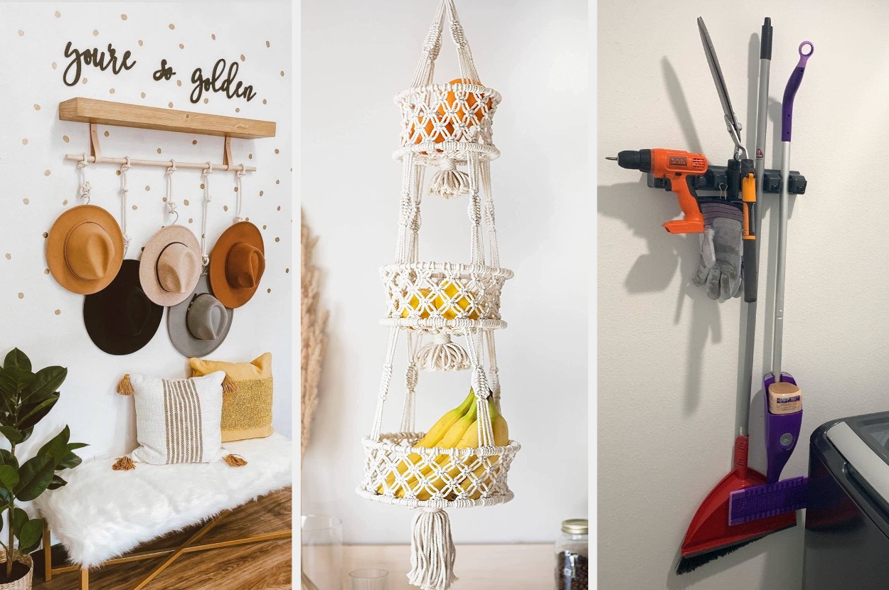 Three home organization hacks: a hat rack with hooks, a hanging fruit basket with oranges and bananas, and a wall-mounted broom and tool holder