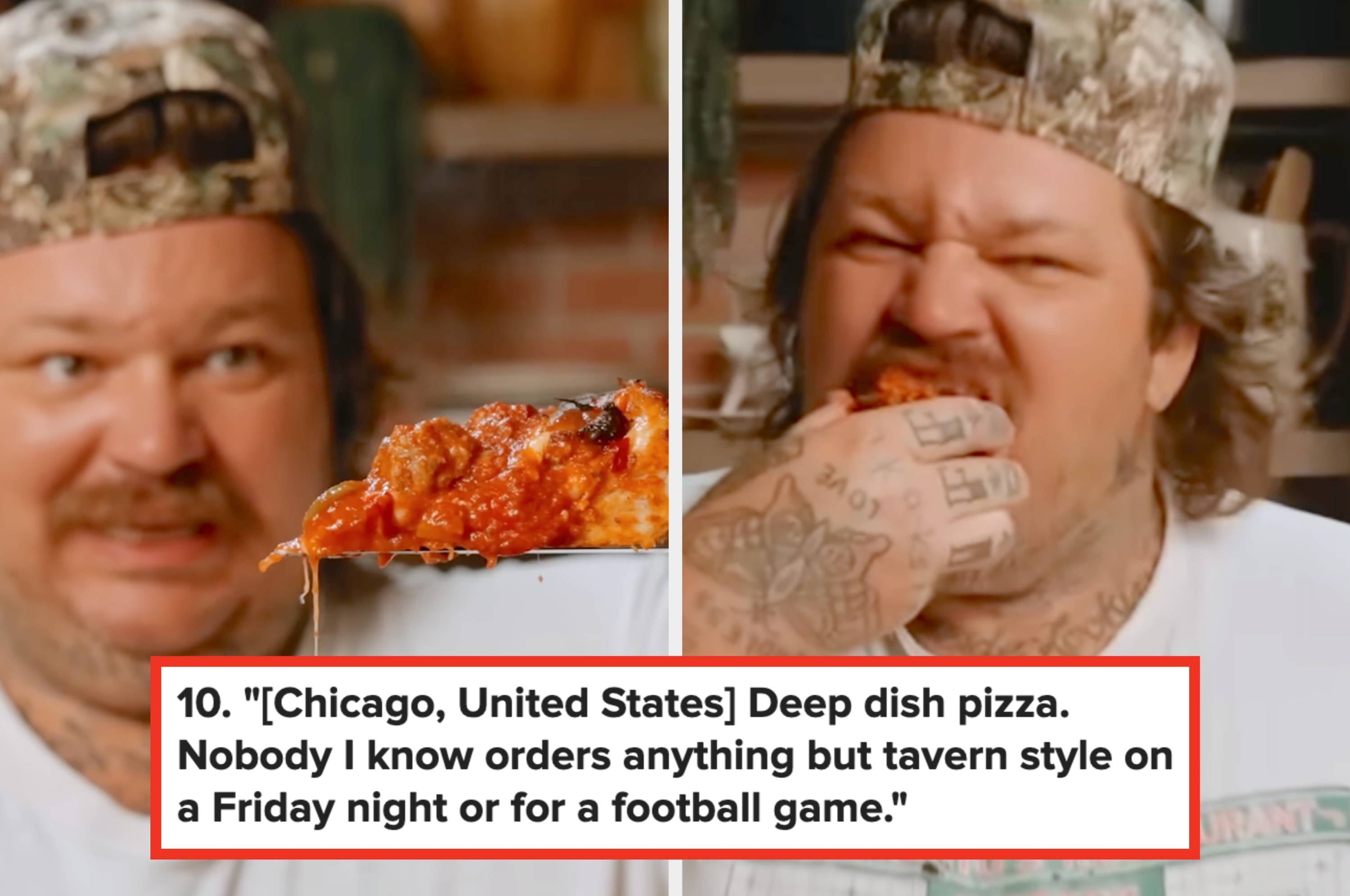 Person eating deep dish pizza; text discusses preferences for Chicago-style pizza versus tavern style for specific occasions