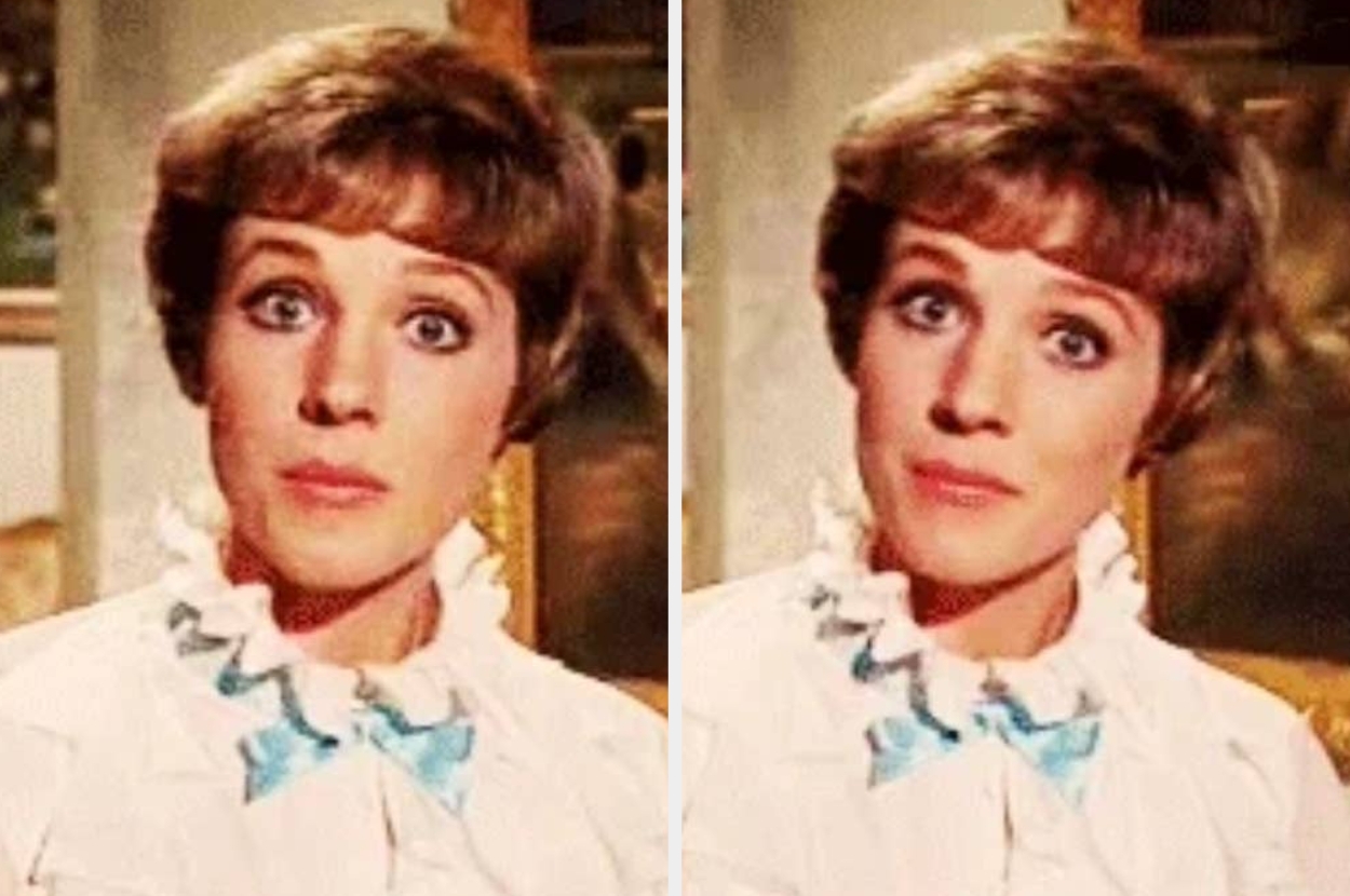 Two side-by-side images of a woman with short hair, wearing a white ruffled top, looking directly at the camera