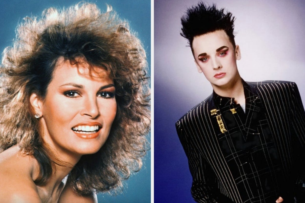 Two side-by-side retro portraits: on left, a person with voluminous curly hair; on right, a person with spiky hair, wearing a patterned blazer
