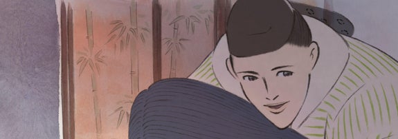 かぐや姫に背後から抱きつく御門（スタジオジブリ公式サイトより）