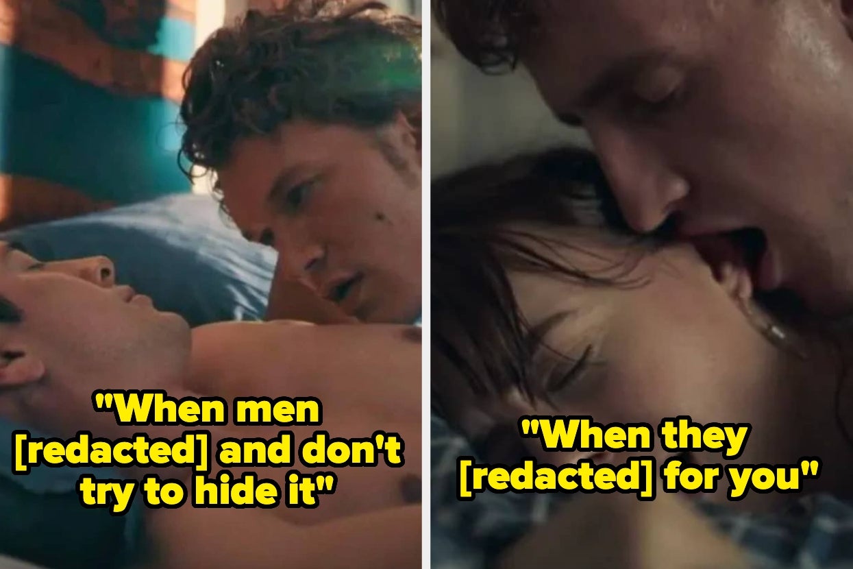 Split image: Two close-up scenes from shows with intimate moments between couples. Text discusses authenticity and passion in relationships