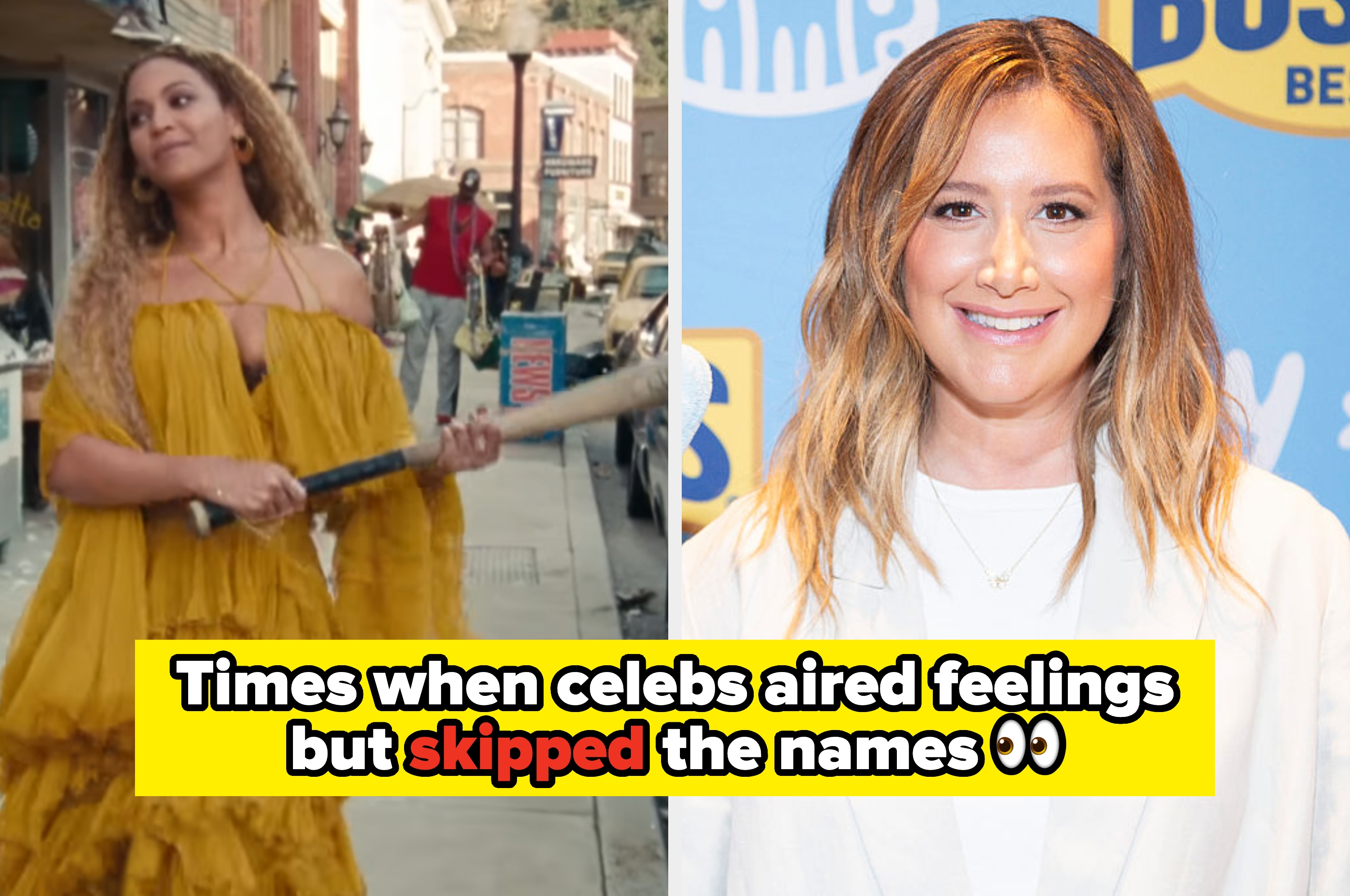 Two photos of celebrities speaking; headline reads, "Times when celebs aired feelings but skipped the names."