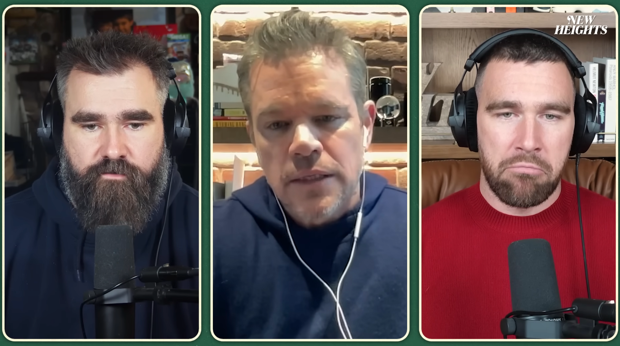 Three men with beards speak into microphones on a podcast. The man in the center wears headphones and a hoodie