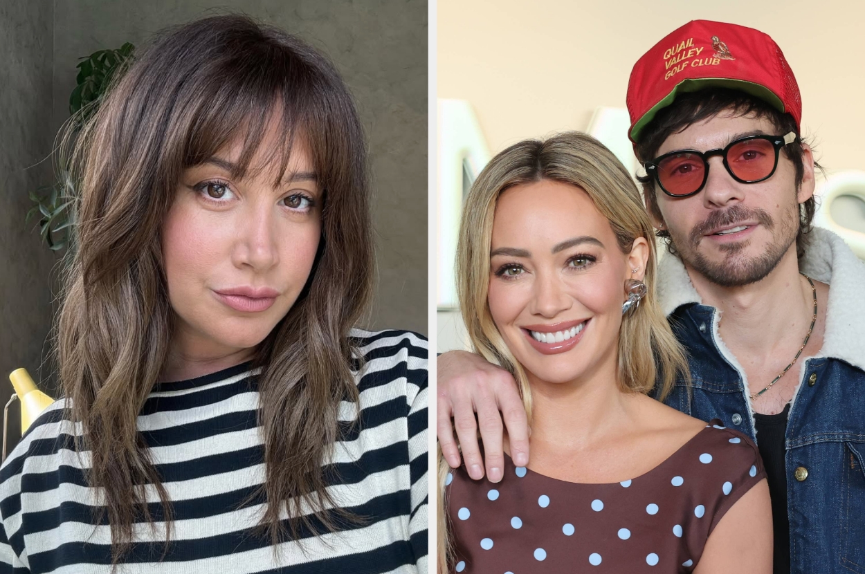 Two images side by side: A person with wavy hair and striped shirt; a couple smiling, she in a polka dot dress, he in casual wear with a red cap