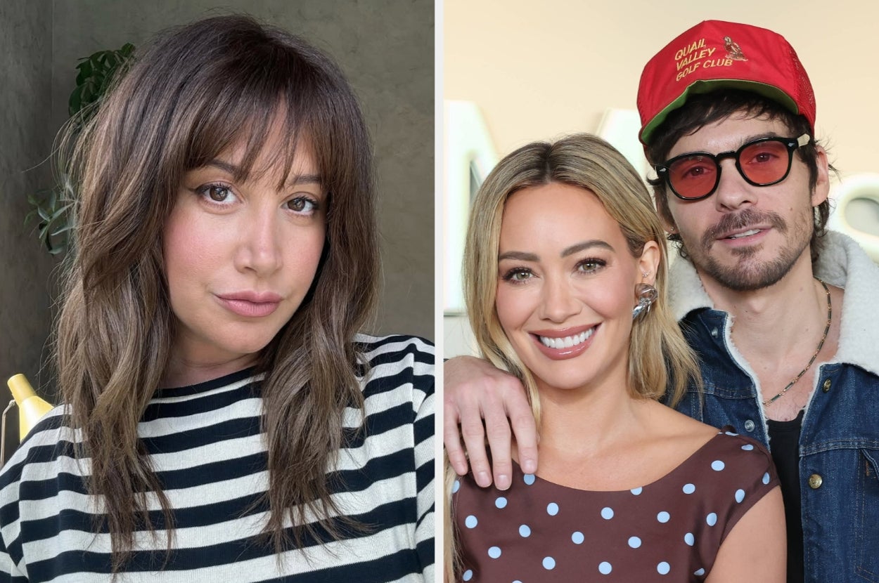 Two images side by side: A person with wavy hair and striped shirt; a couple smiling, she in a polka dot dress, he in casual wear with a red cap