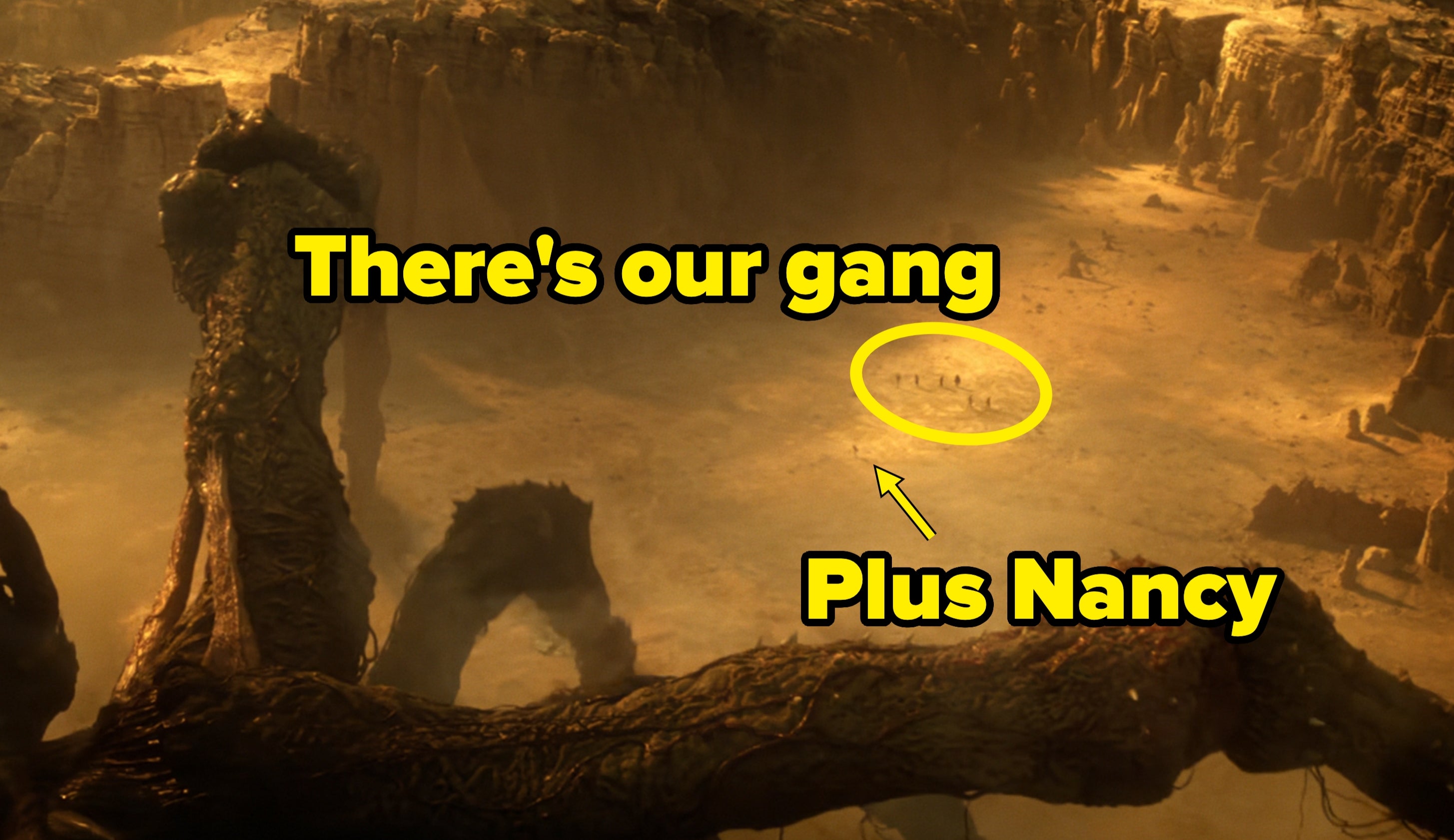 A massive, rocky creature overlooks a vast, barren canyon landscape with tiny figures in the distance, creating a dramatic sense of scale and mystery