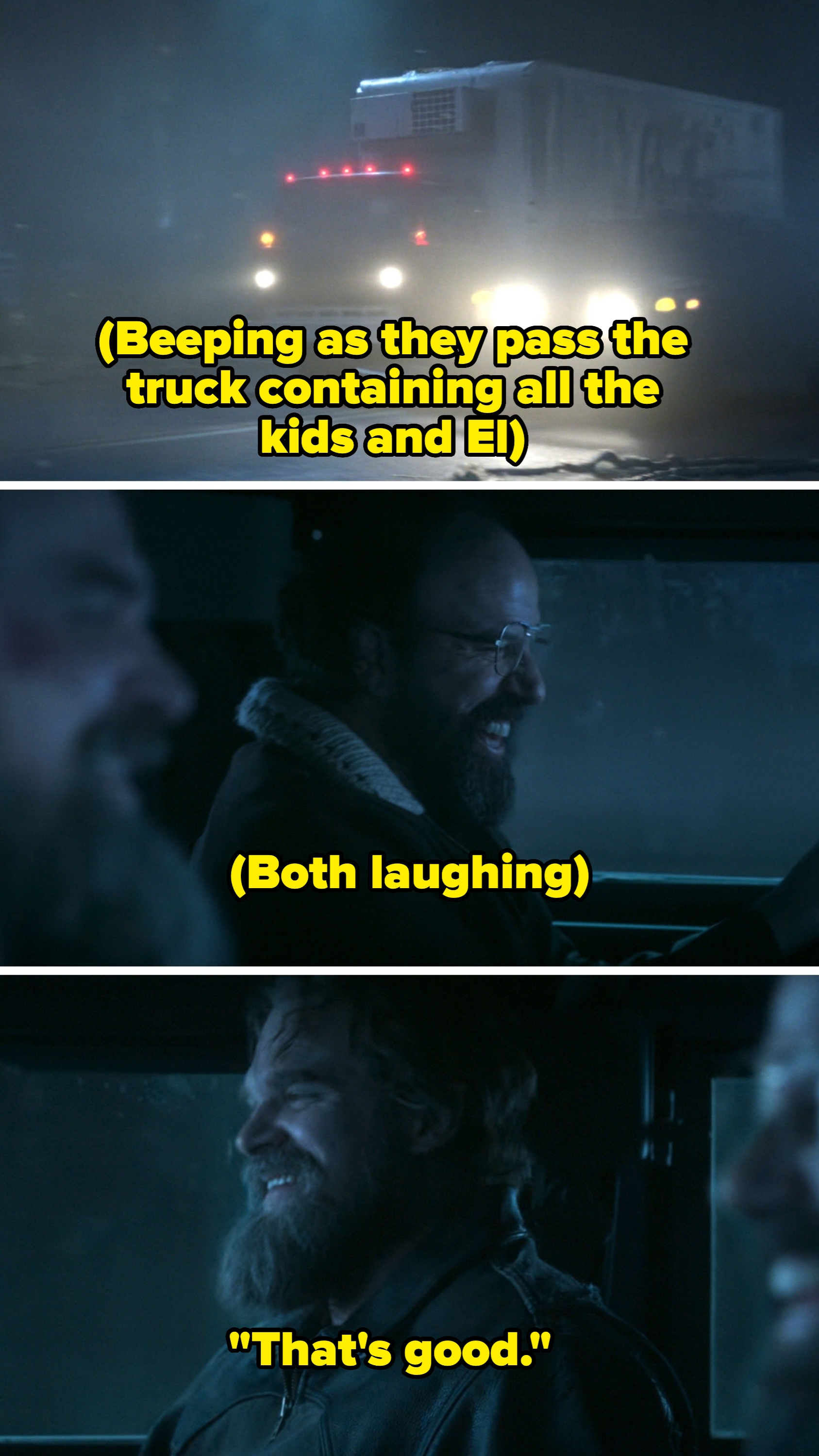  Two men with beards smiling inside a dimly lit vehicle