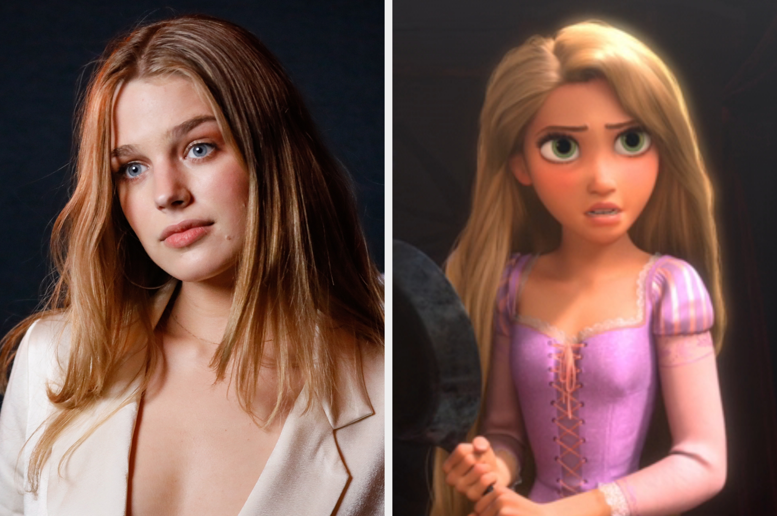 A idiosyncratic   successful  a casual outfit and Rapunzel holding a frying cookware  from an animated film