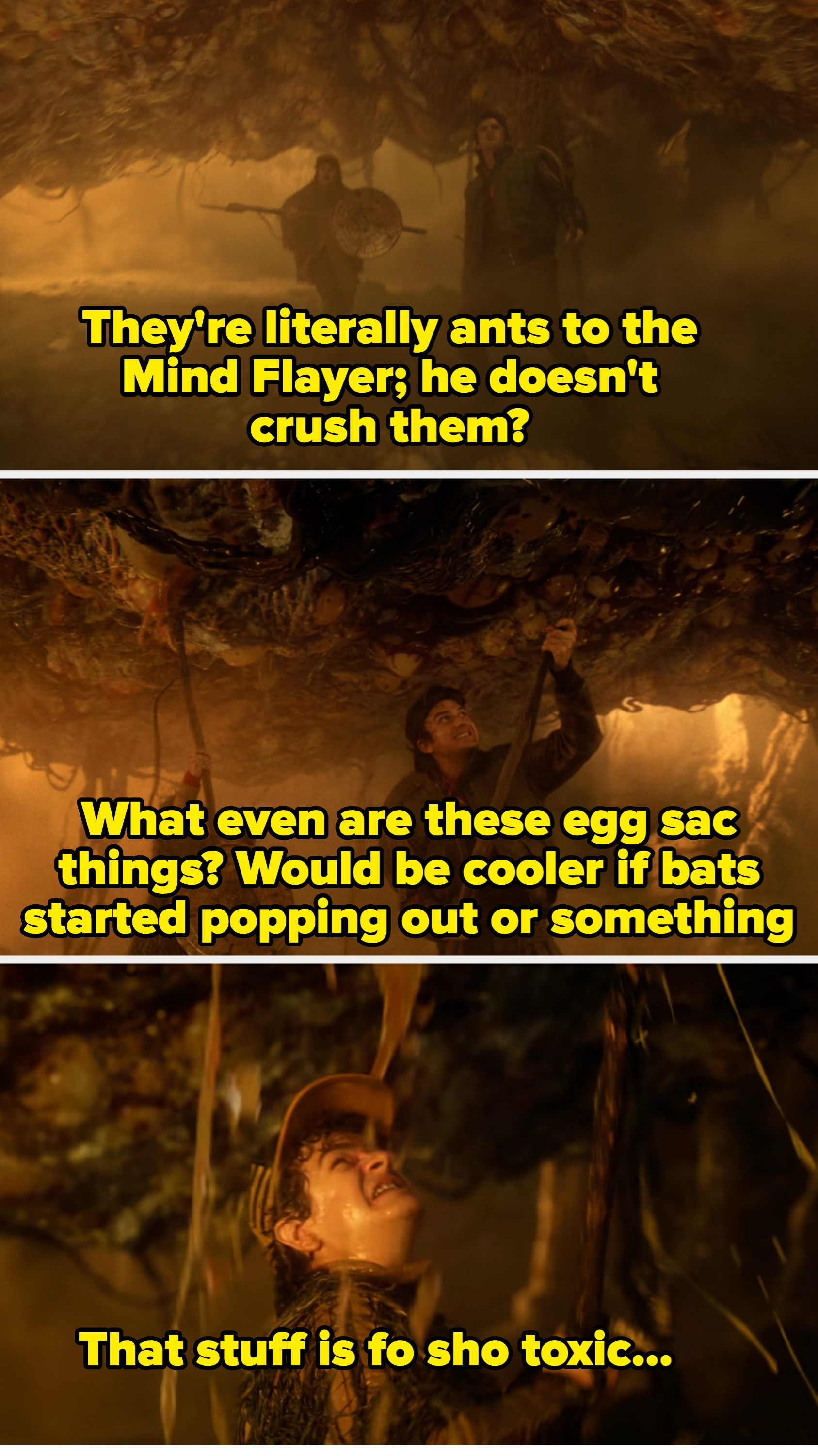 Adventurers explore a cavern with hanging vines and eerie lighting, holding shields and weapons. Their expressions show awe and determination