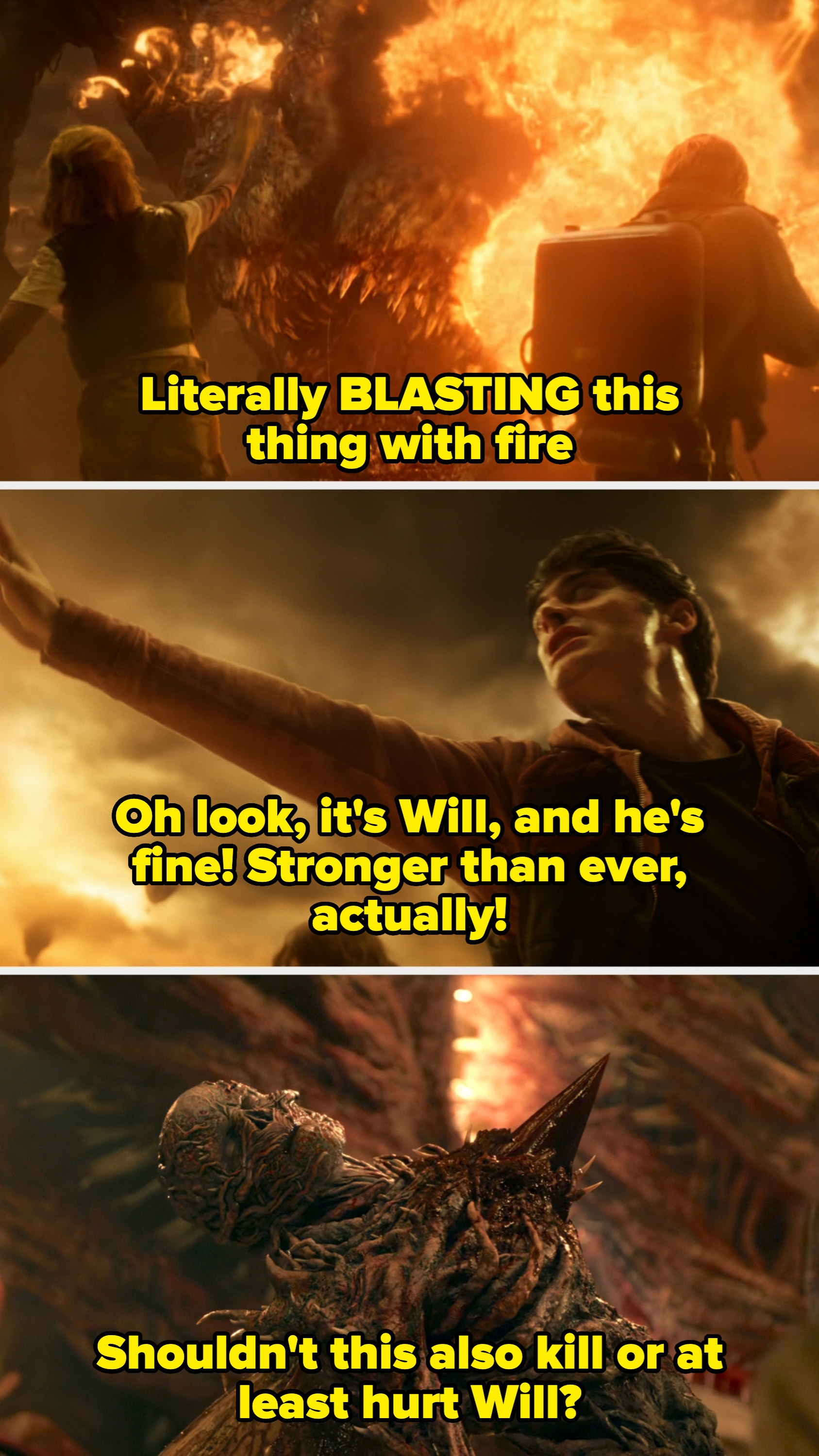  a character with flames, another poised in determination, and a menacing creature