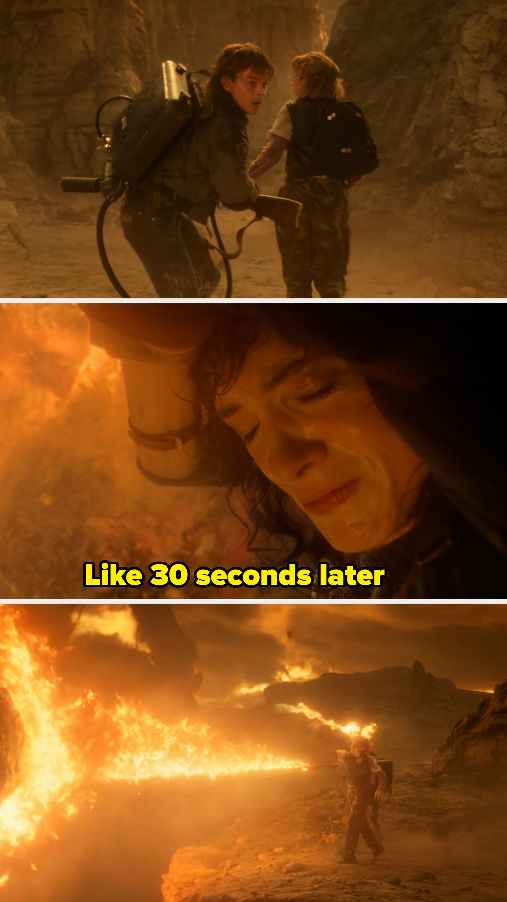 Three scenes from a dramatic sci-fi film with two people in a rugged desert setting, highlighting intense emotions and a fiery background