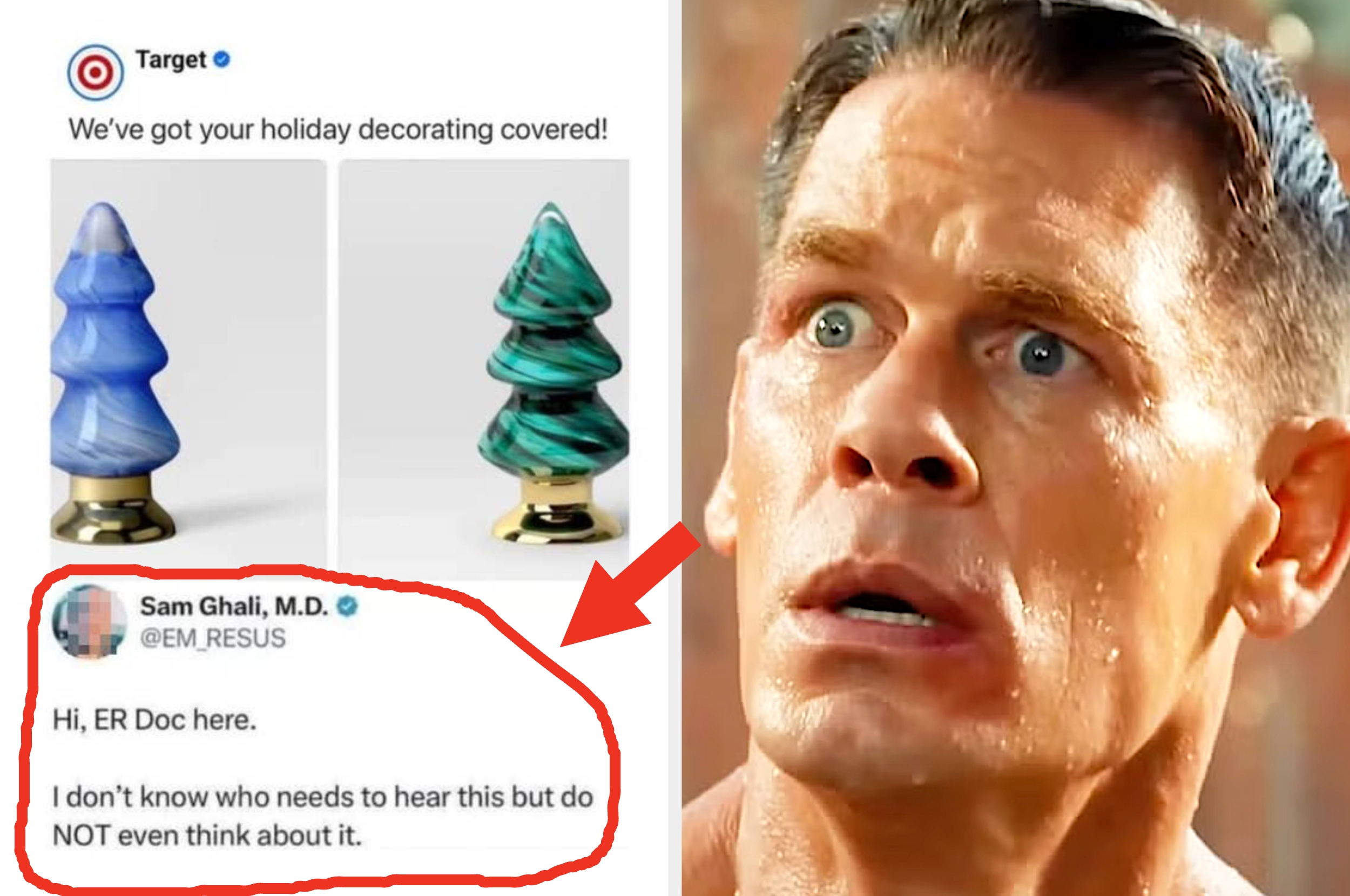 A tweet humorously warns against a decorating idea, paired with an astonished expression from a man. The article is under "Internet Finds."