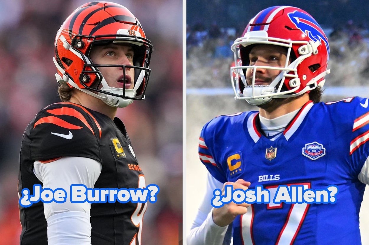 Two football players, each in uniform and helmet, with captions "¿Joe Burrow?" and "¿Josh Allen?" beneath them