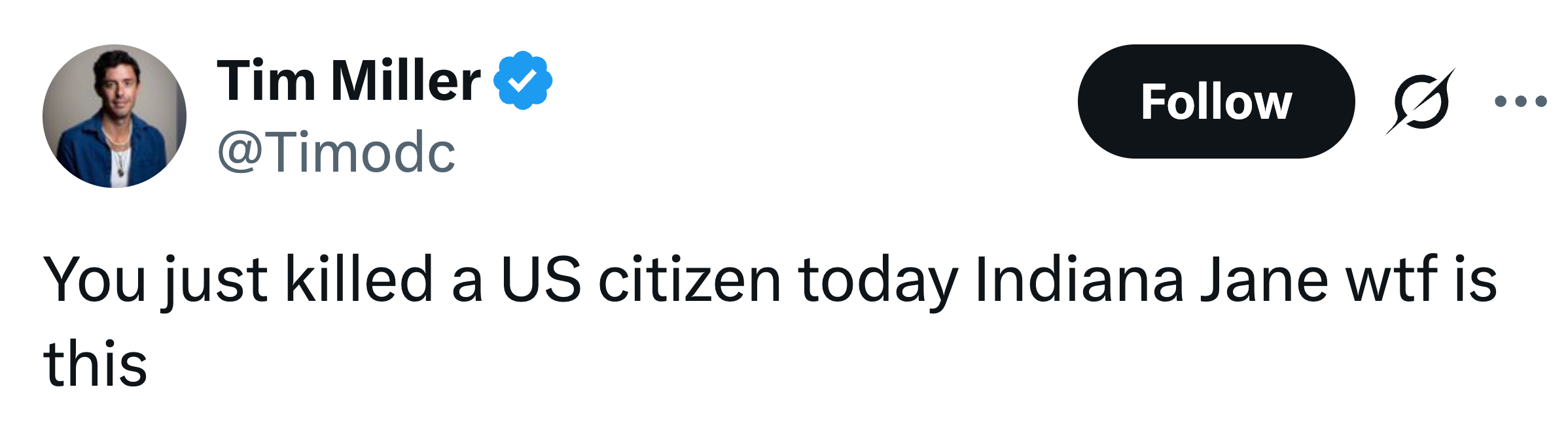 Skjermbilde av en tweet av Tim Miller som sa: 