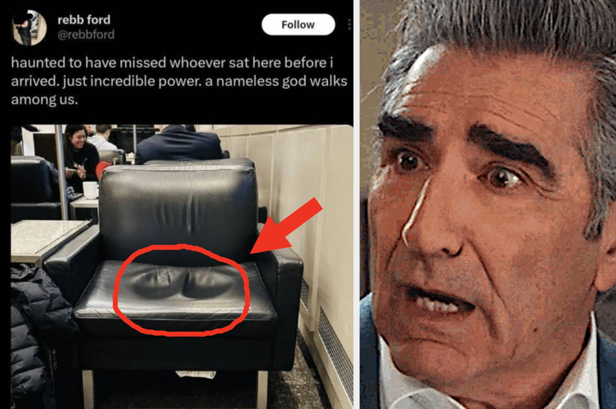 Tweet with annotated photo shows a dented chair with a red circle and arrow; GIF of a surprised person next to it. Caption: "A nameless god walks among us."