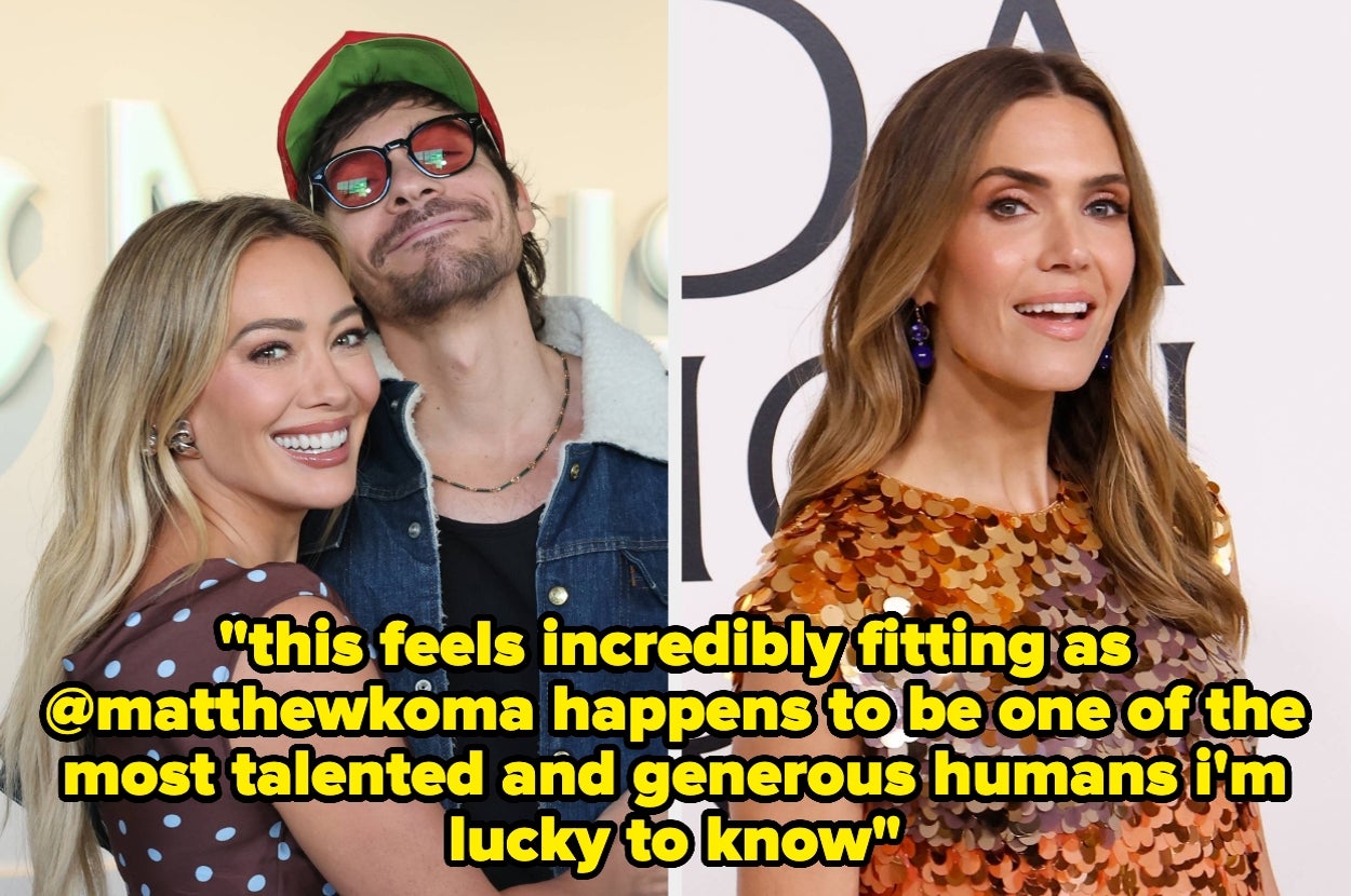Split image of Hilary Duff and Matthew Koma, and Mandy Moore. Text: "this feels incredibly fitting as @matthewkoma happens to be one of the most talented and generous humans i'm lucky to know"
