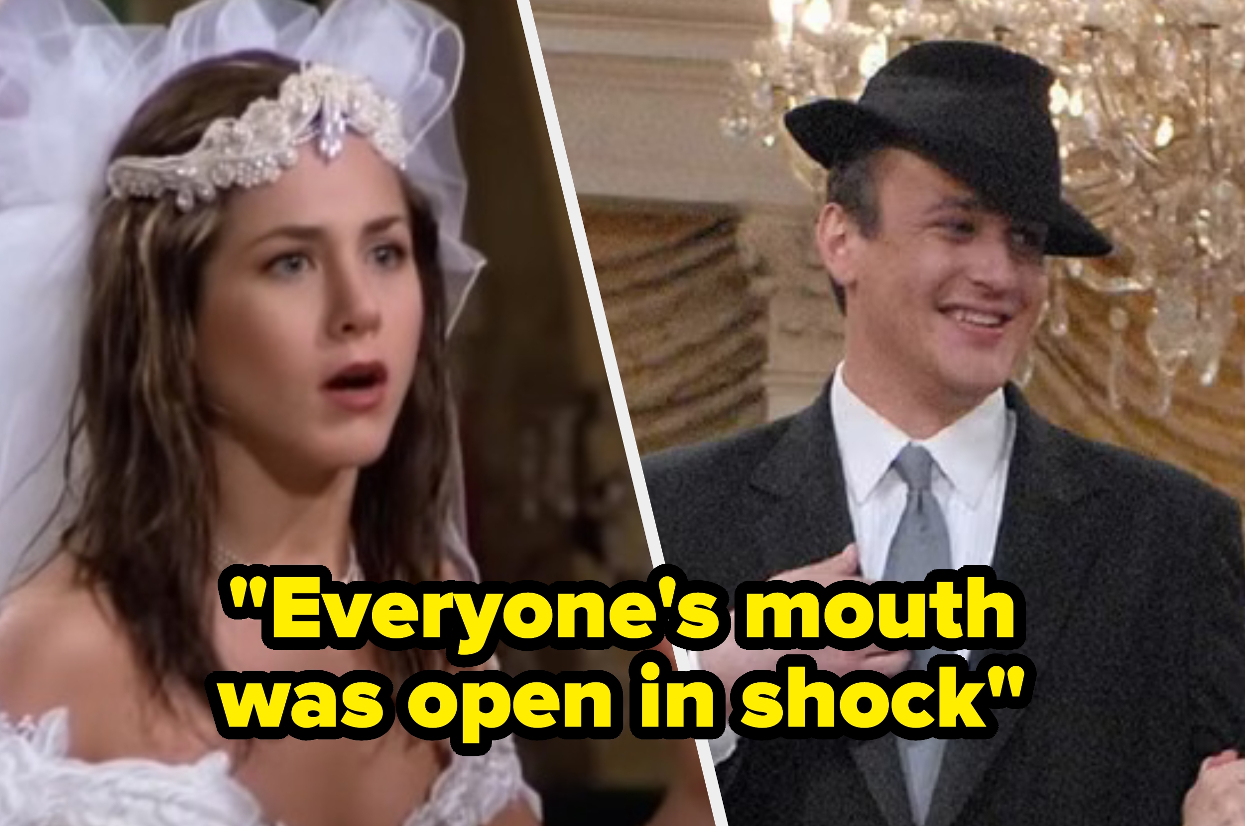 Two TV characters: one in a wedding dress and headpiece; another in a suit and hat. Caption reads, "Everyone's mouth was open in shock."